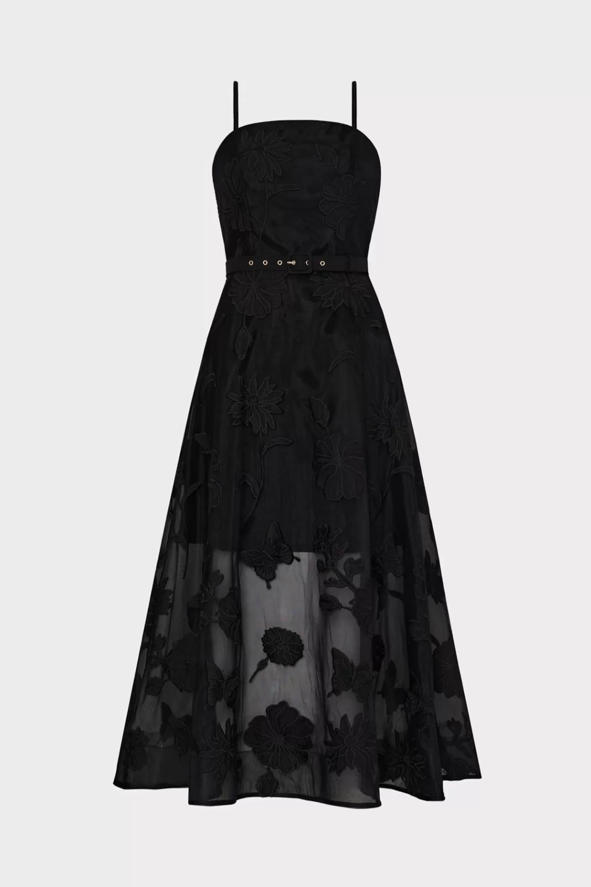 MILLY Guest Of Dresses-3D Butterfly Embroidery Spaghetti Strap Dress Black