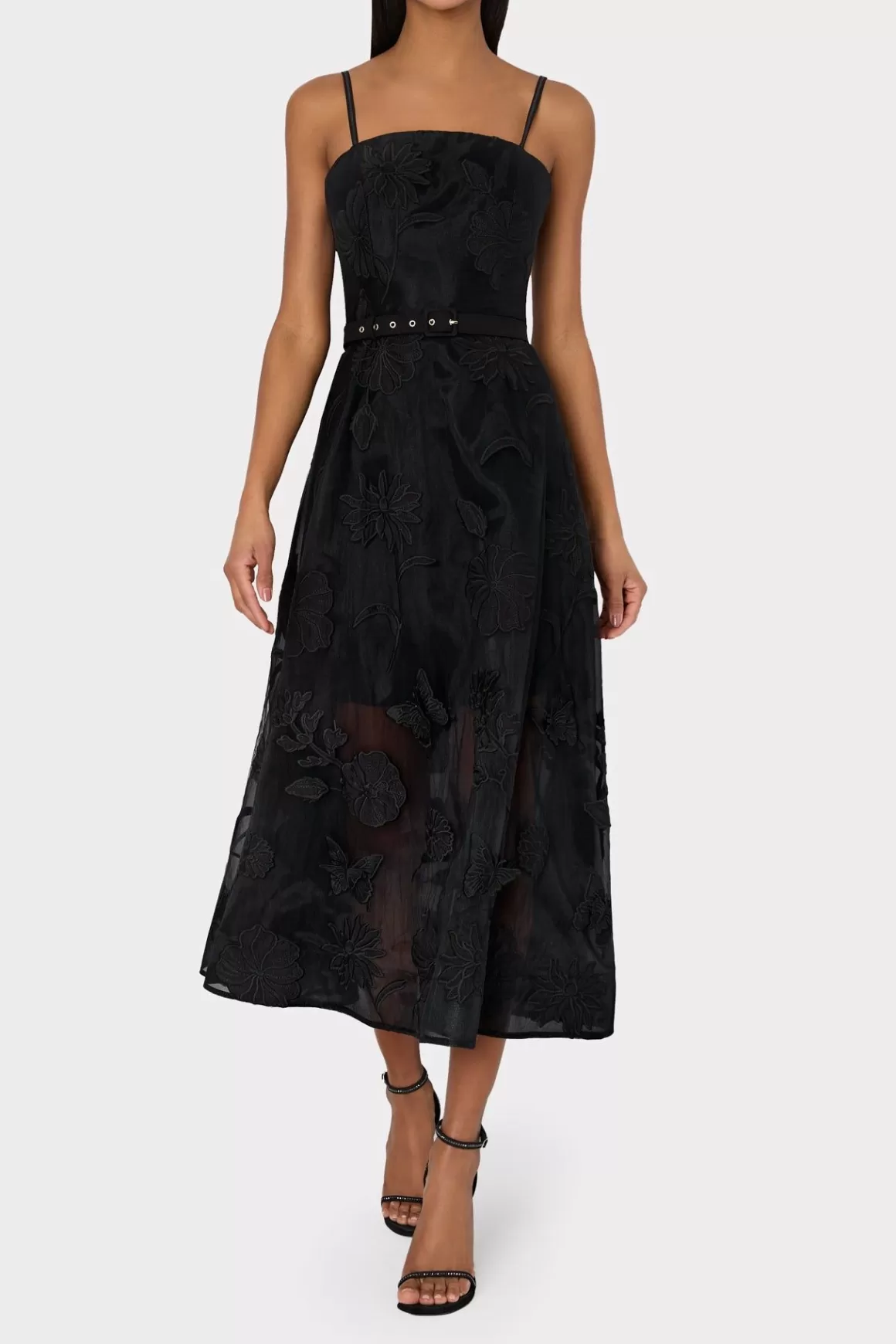 MILLY Guest Of Dresses-3D Butterfly Embroidery Spaghetti Strap Dress Black