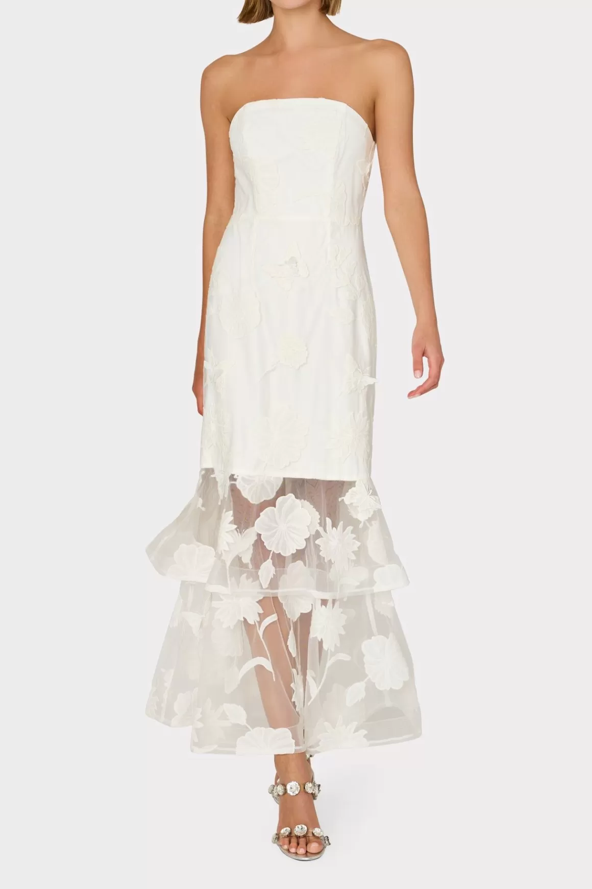 MILLY Evening Gowns-3D Butterfly Embroidery Strapless Dress White