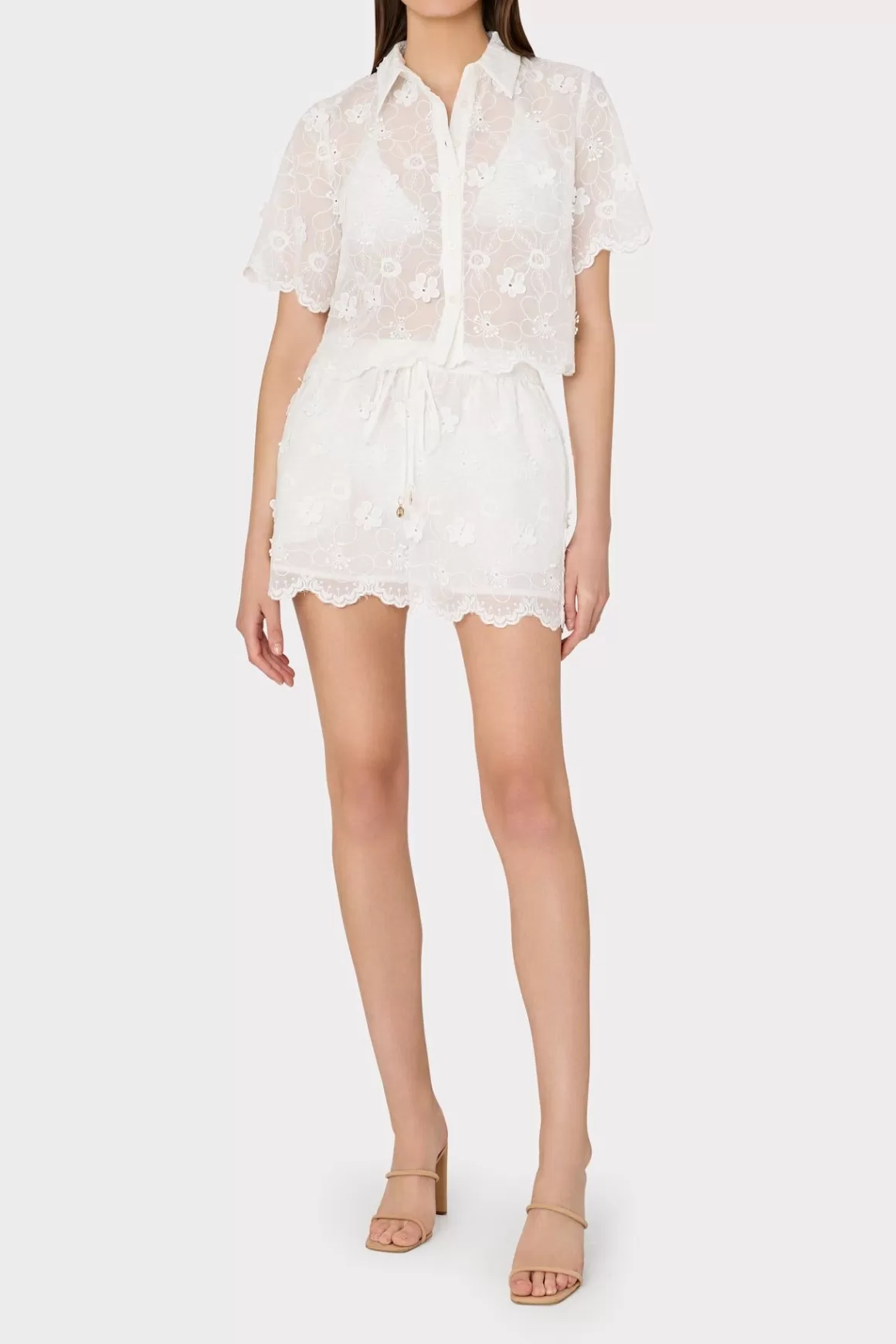 MILLY Cover-Ups-3D Floral Cotton Eyelet Button Up Top White