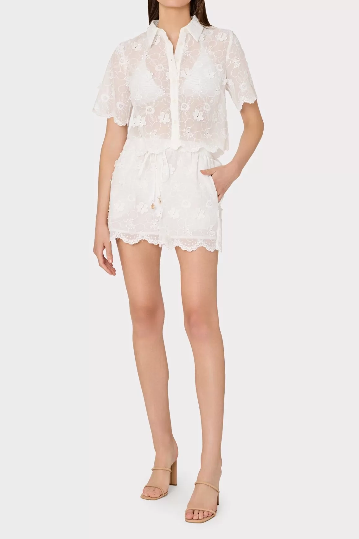 MILLY Cover-Ups-3D Floral Cotton Eyelet Shorts White