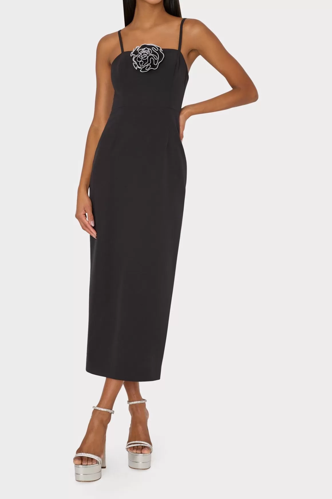 MILLY Jumpsuits & Rompers-Allison 3D Rosette Cady Midi Dress Black