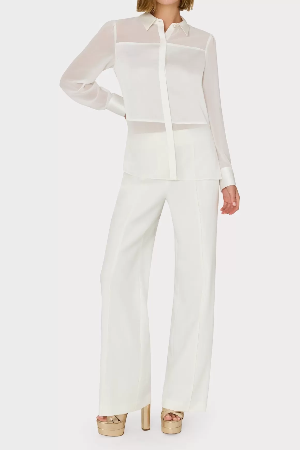 MILLY Jumpsuits & Rompers-Andy Satin Combo Button Up Blouse White