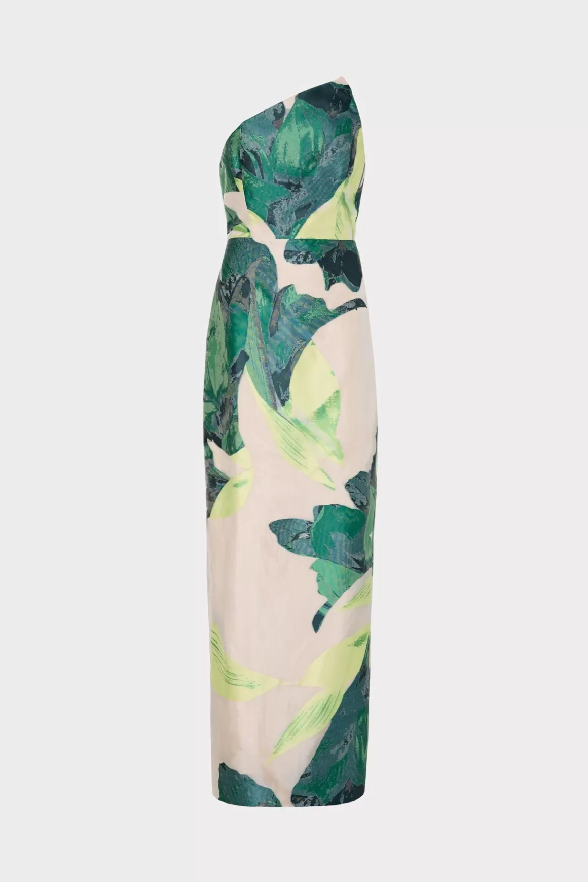 MILLY Guest Of Dresses-Asymetrical Tropical Forest Jacquard Midi Dress Green Multi