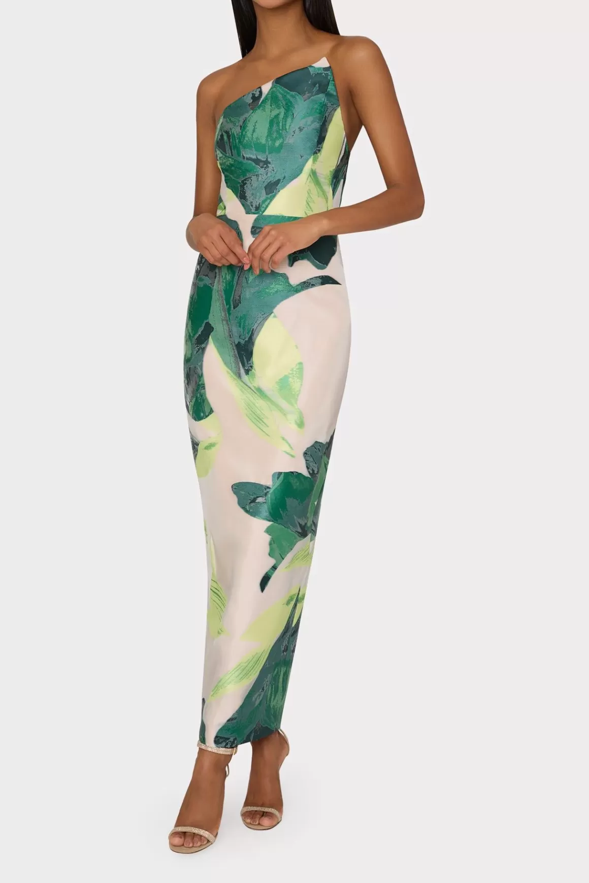 MILLY Evening Gowns-Asymetrical Tropical Forest Jacquard Midi Dress Green Multi