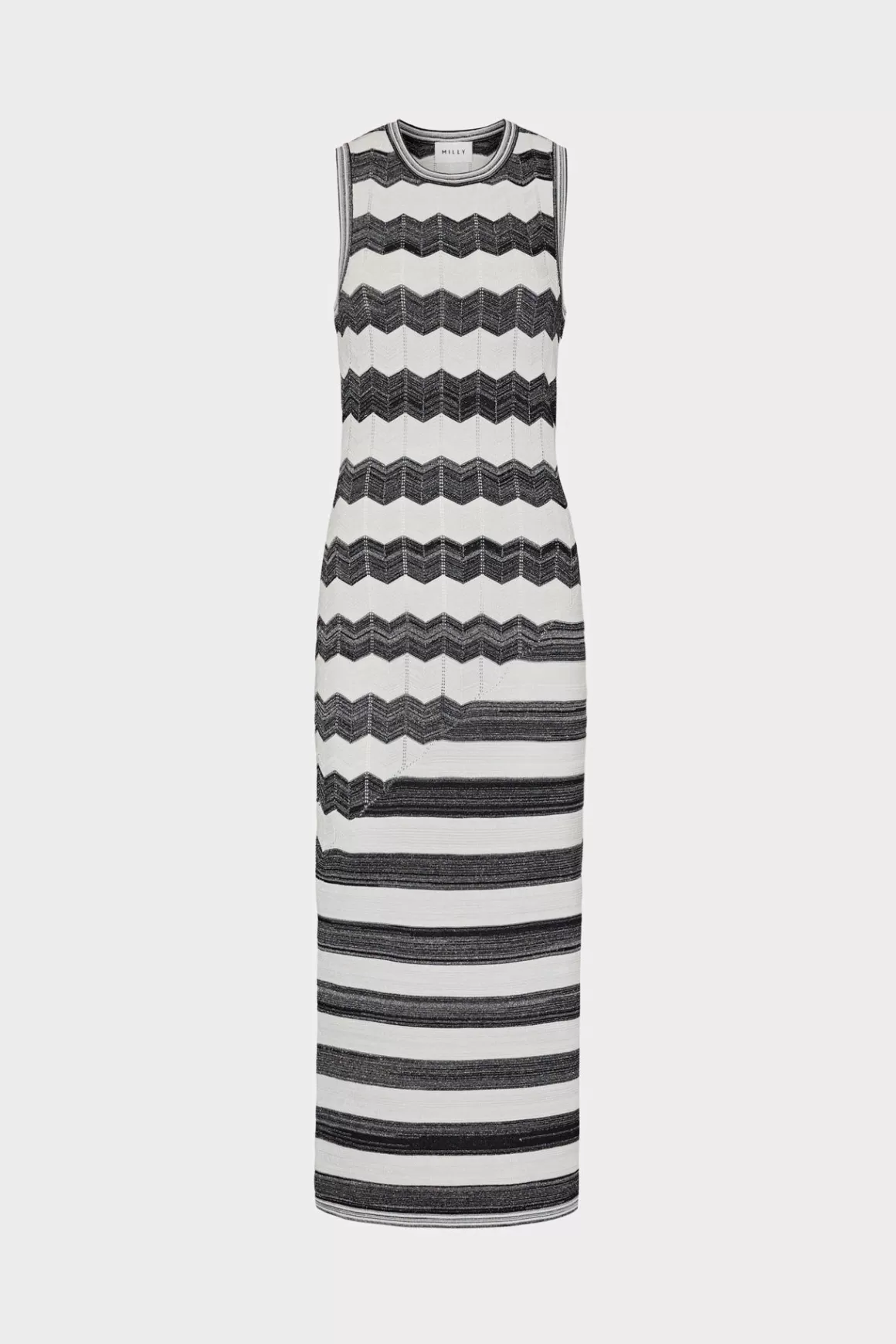 MILLY Sundresses-Asymetrical Zig Zag Midi Dress Black/Ecru