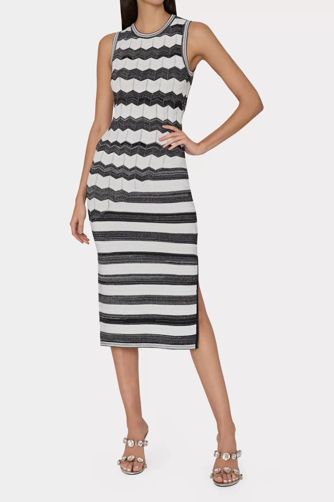 MILLY Sundresses-Asymetrical Zig Zag Midi Dress Black/Ecru