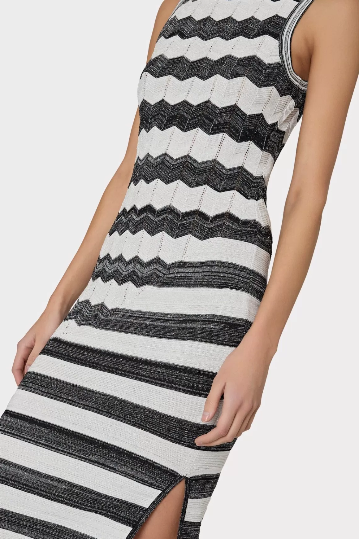 MILLY Knit Dresses-Asymetrical Zig Zag Midi Dress Black/Ecru