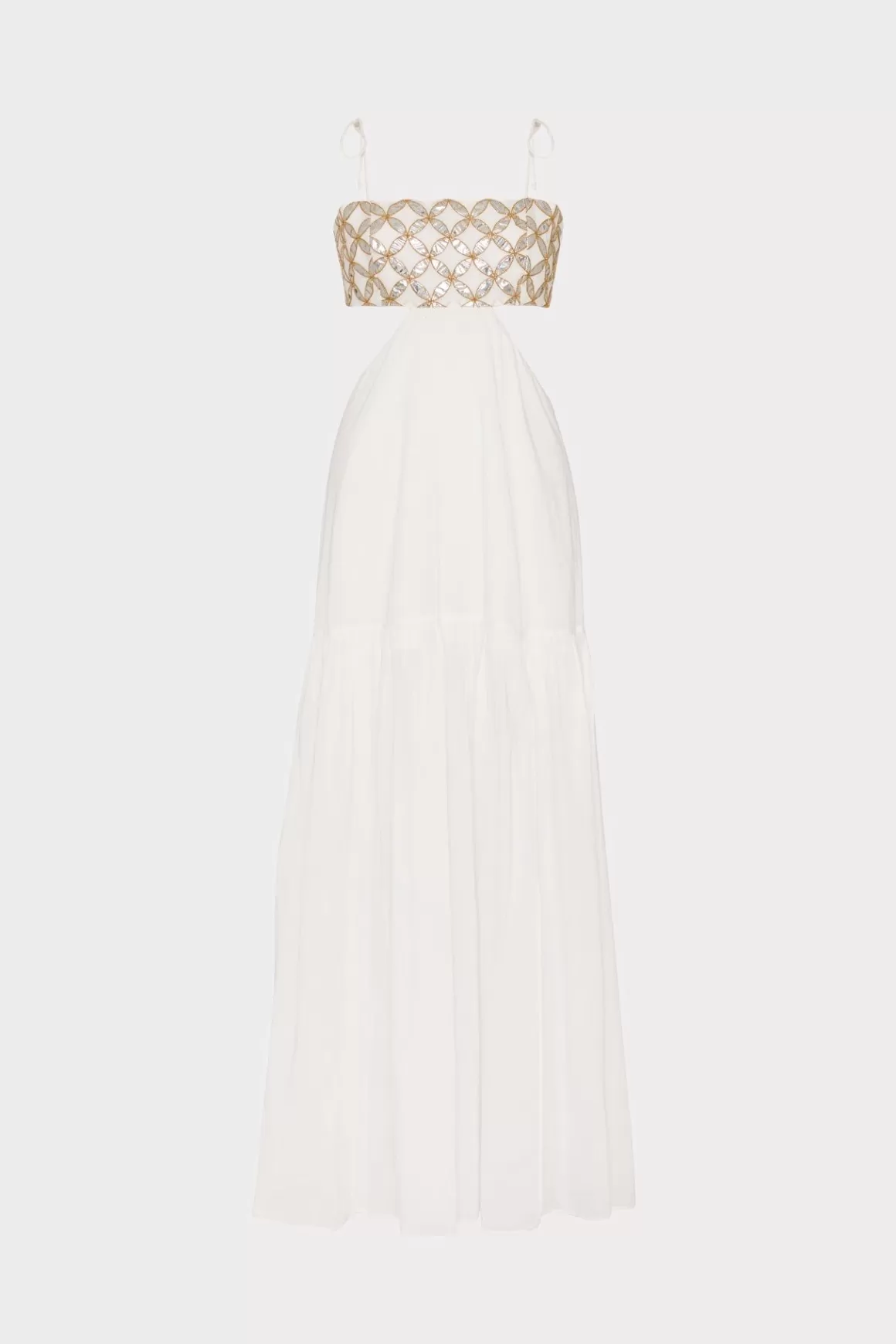 MILLY Cover-Ups-Atalia Mirrored Embroidery Maxi Cover-Up Dress White/Gold