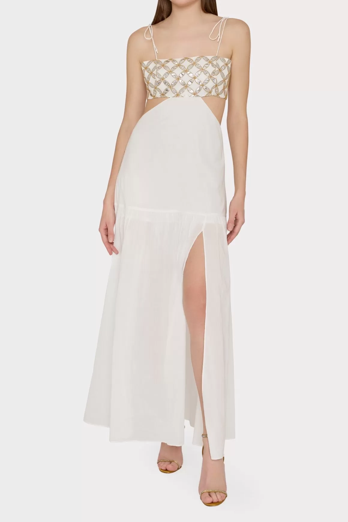 MILLY Cover-Ups-Atalia Mirrored Embroidery Maxi Cover-Up Dress White/Gold