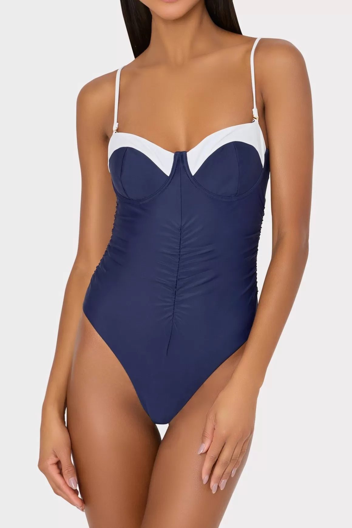 MILLY One Piece Swimsuits-Color Block Ruched One Piece Navy/White