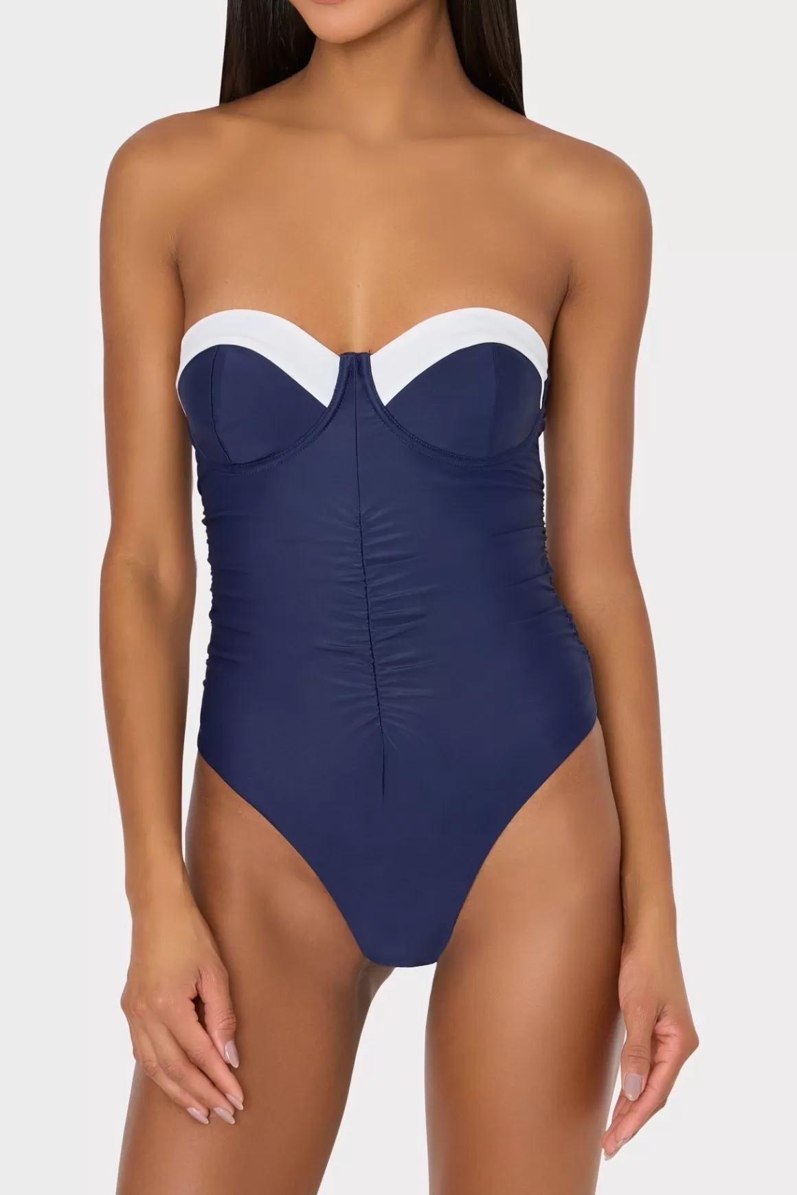 MILLY One Piece Swimsuits-Color Block Ruched One Piece Navy/White