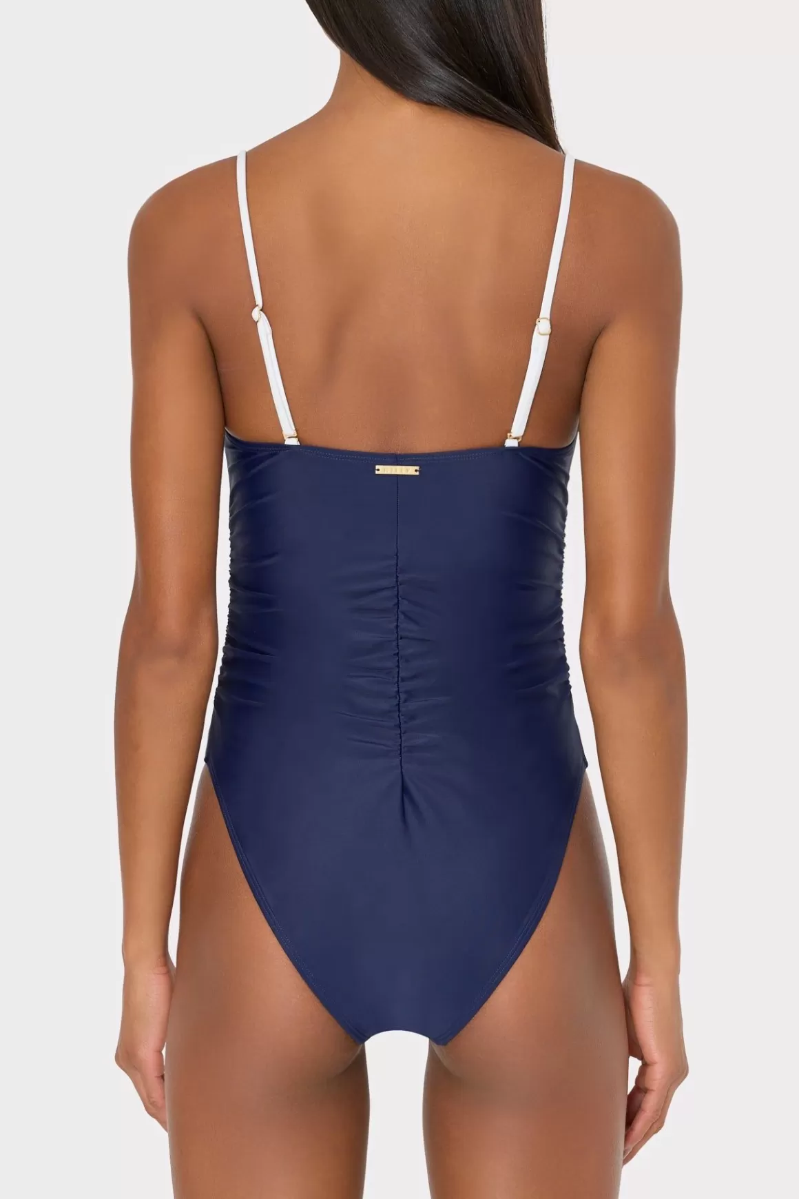 MILLY One Piece Swimsuits-Color Block Ruched One Piece Navy/White