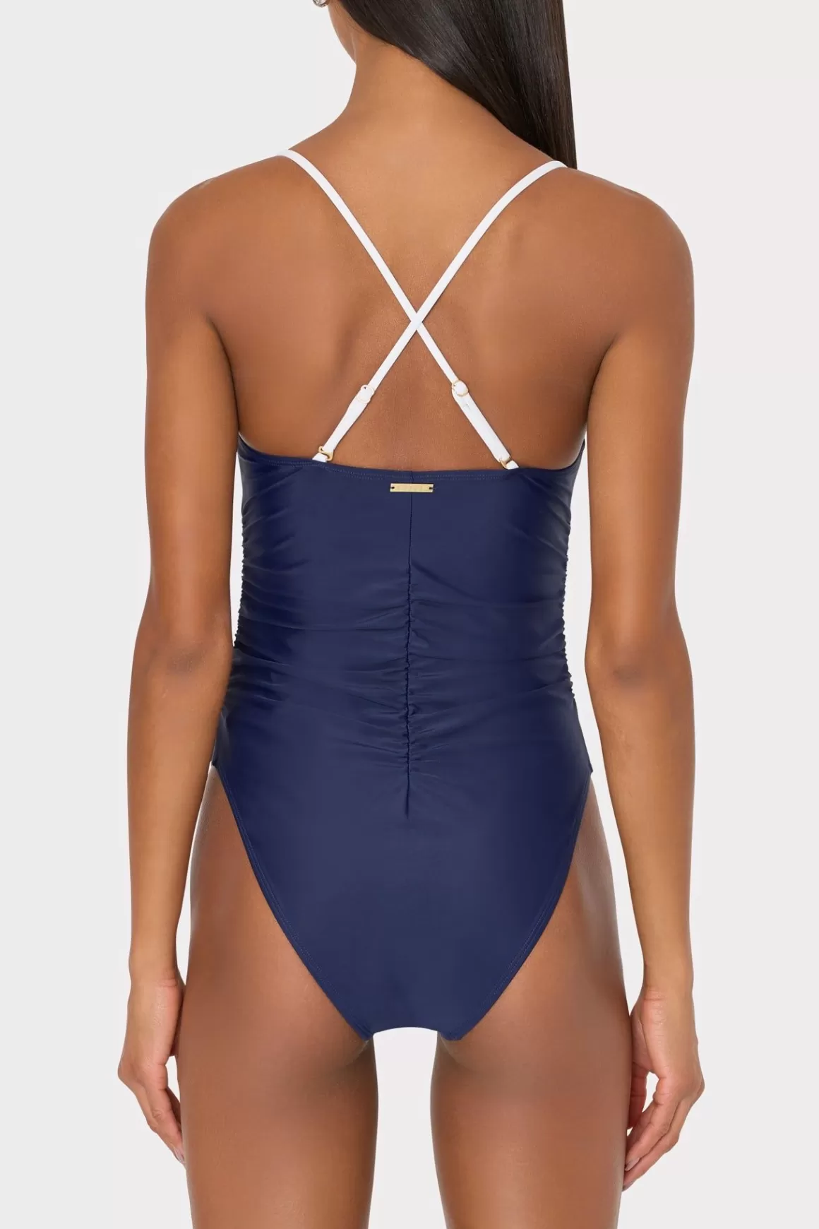 MILLY One Piece Swimsuits-Color Block Ruched One Piece Navy/White