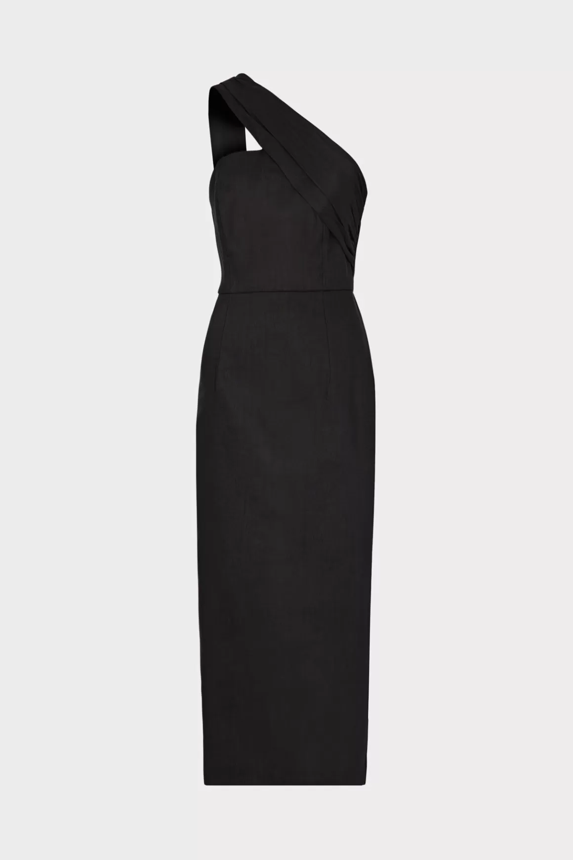 MILLY Little Black Dresses-Draped One Shoulder Linen Dress Black