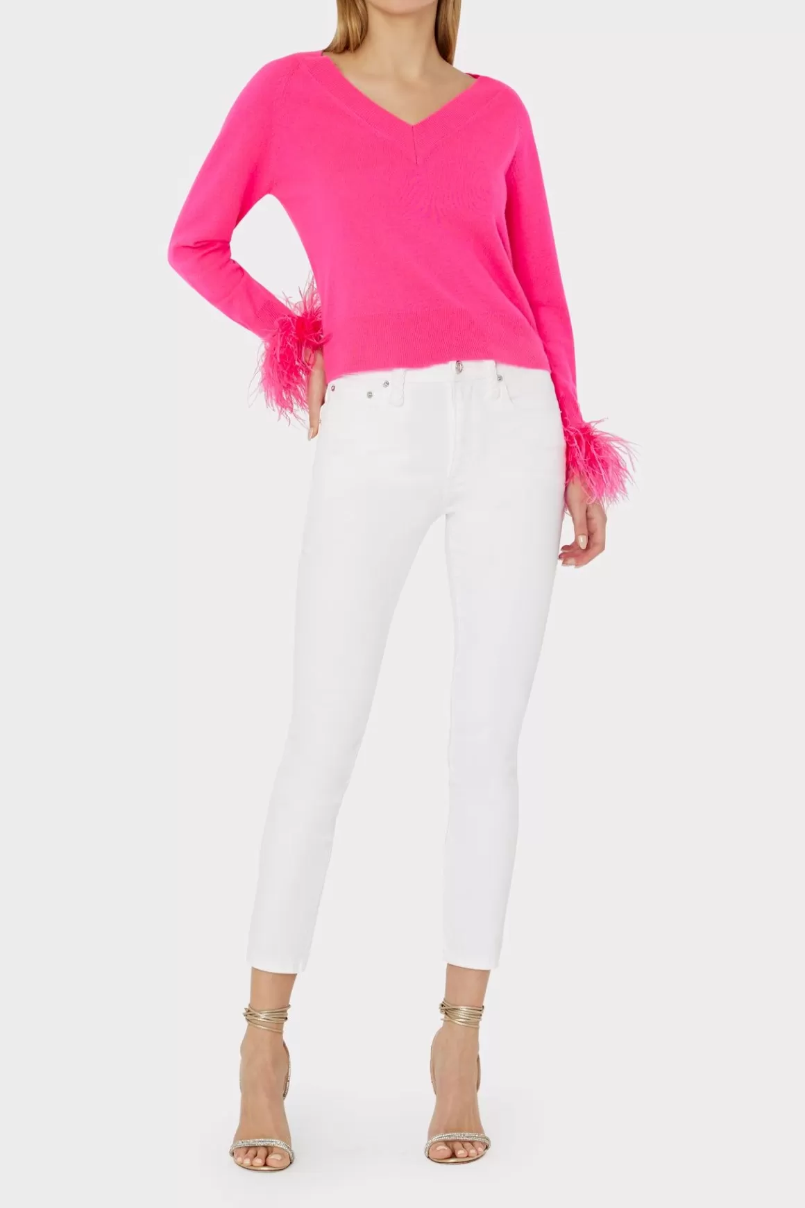 MILLY Jumpsuits & Rompers-Feather Cuff V-Neck Sweater Milly Pink