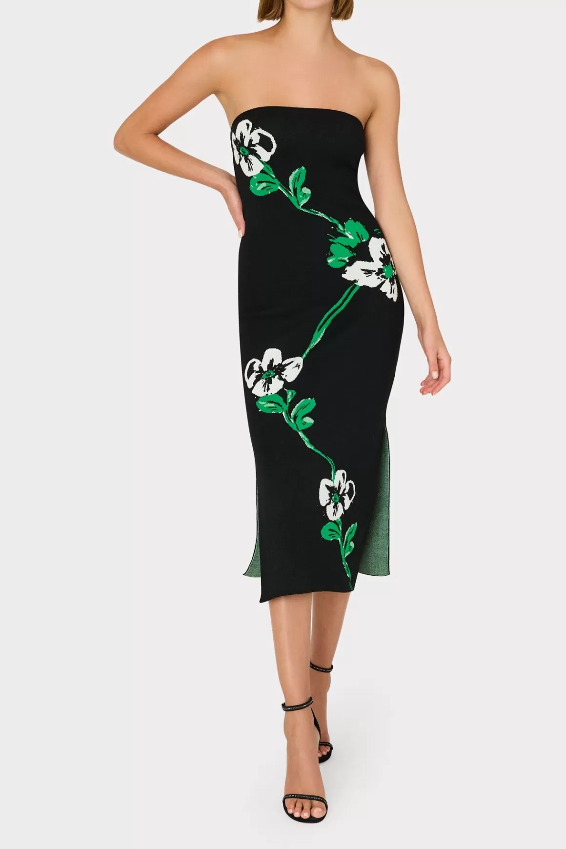 MILLY Sweaters & Knits-Floral Jacquard Strapless Midi Dress Black Multi