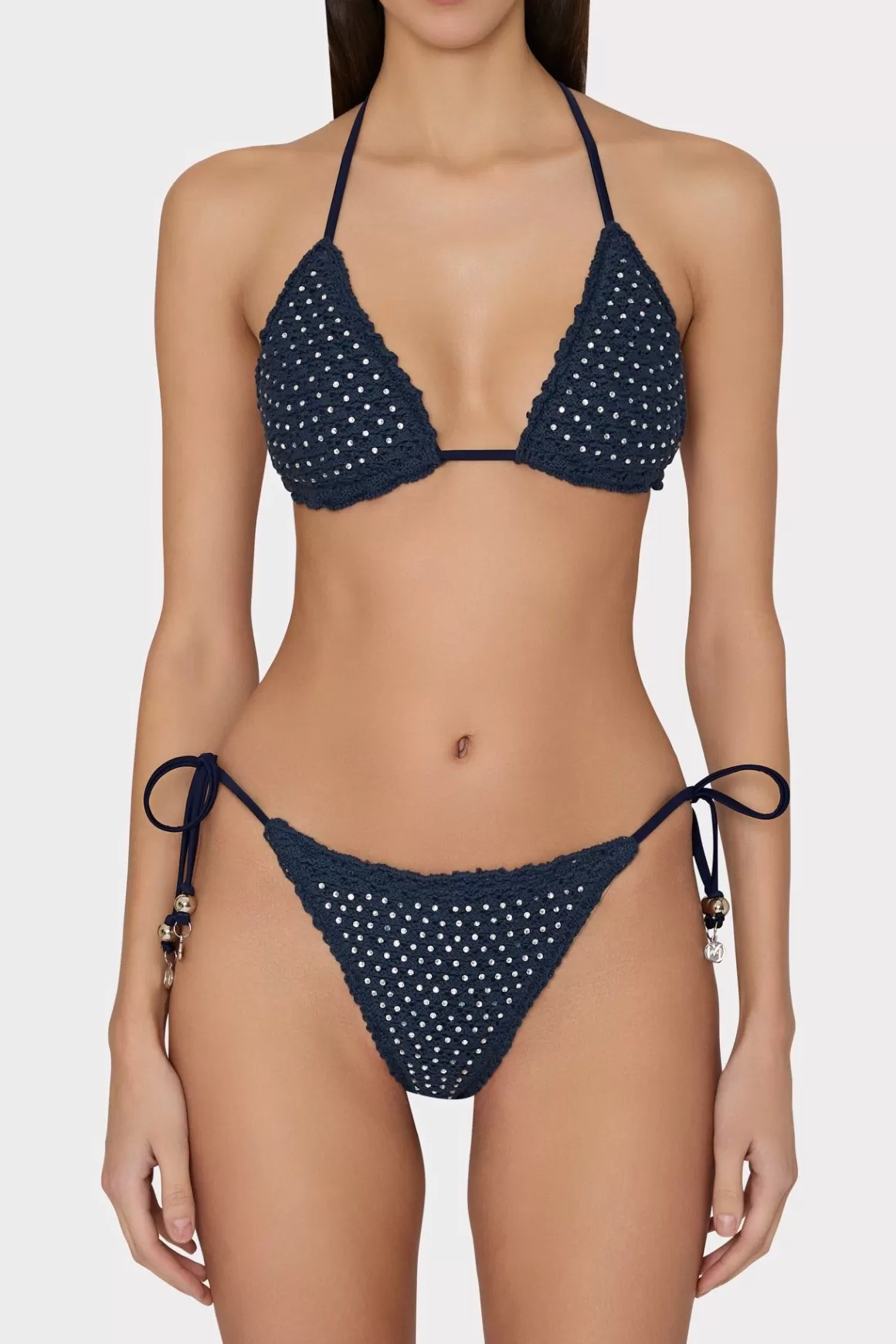 MILLY Jumpsuits & Rompers-Glimmer Crochet Bikini Top With Crystal Applique Navy