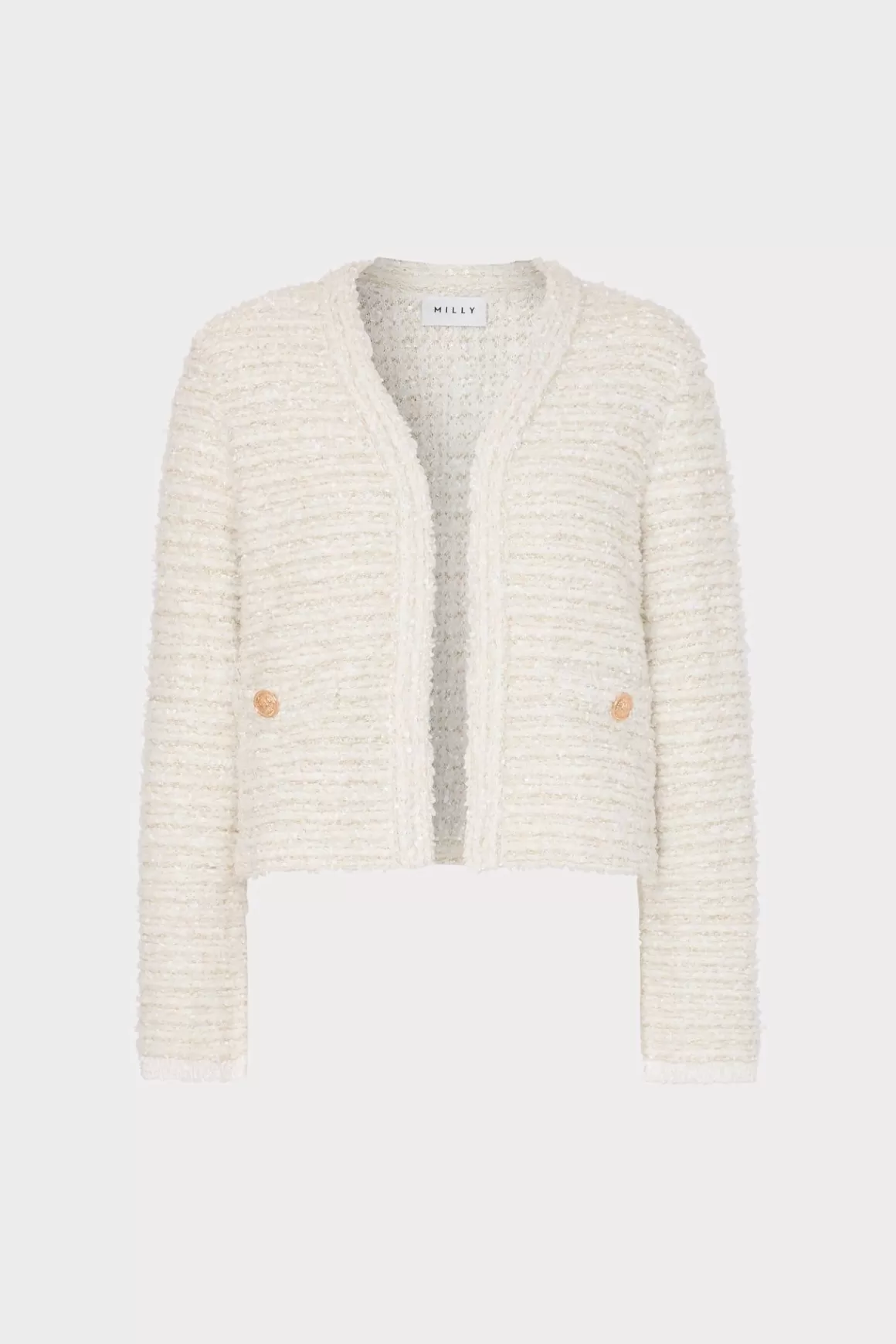 MILLY Coats & Jackets-Knit Textured Boucle Cardigan Jacket Ecru Multi