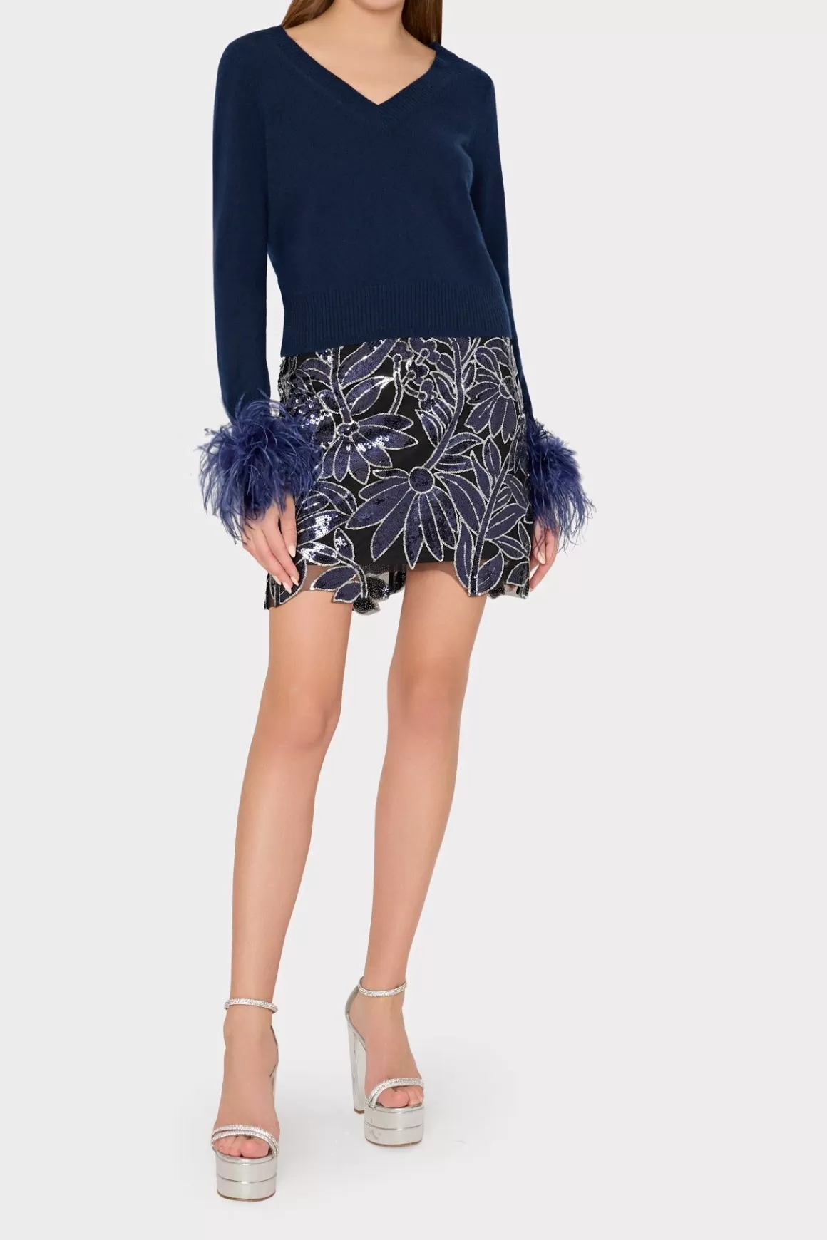 MILLY Skirts-Kristina Floral Sequins Skirt Navy/Silver