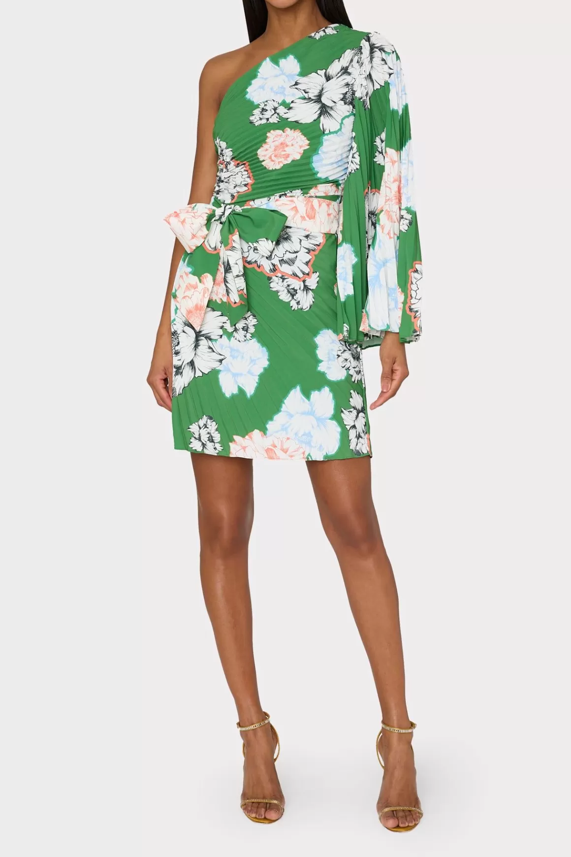 MILLY Guest Of Dresses-Linden Petals In Bloom Pleated Dress Green Multi