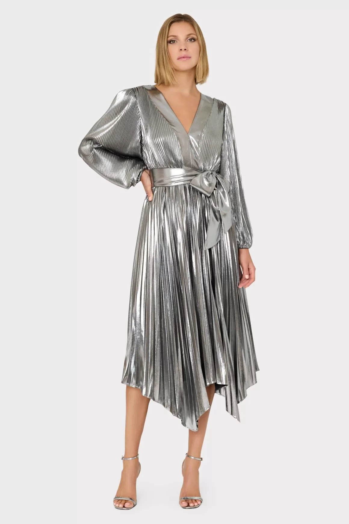 MILLY Maxi Dresses-Liora Pleated Lame Dress Silver