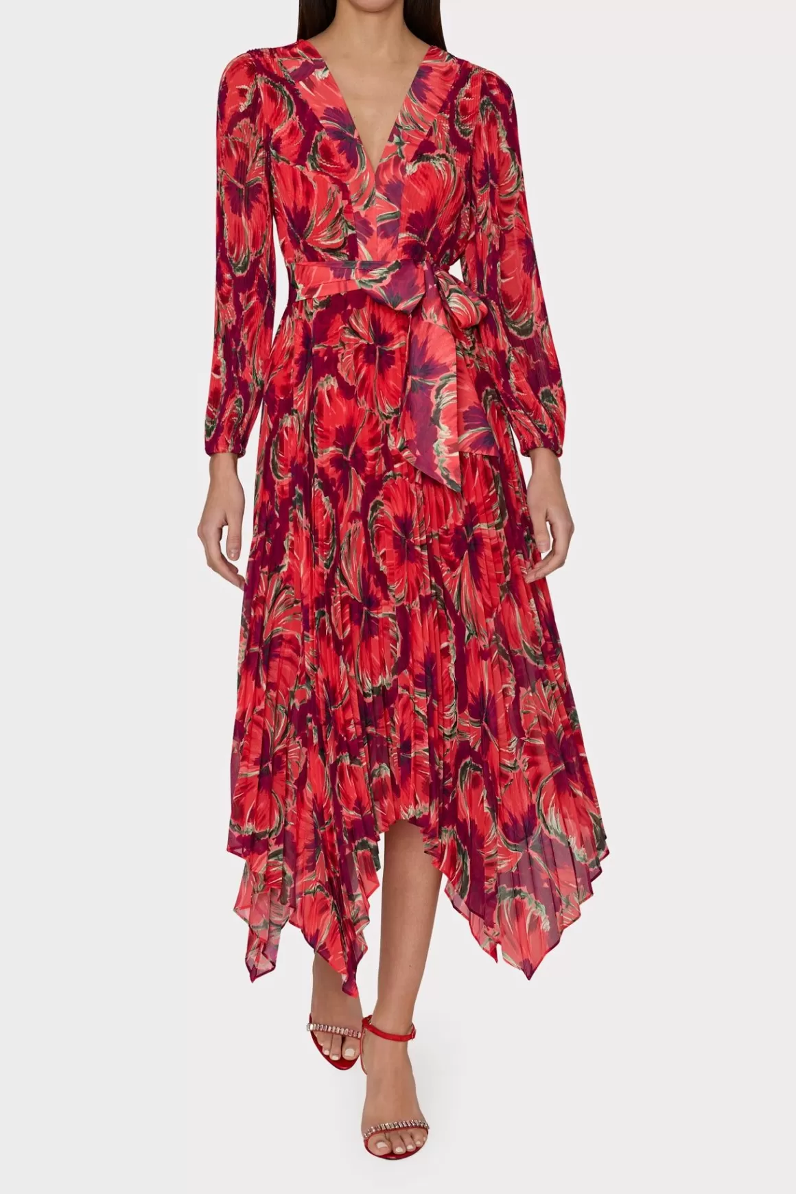 MILLY Guest Of Dresses-Liora Windmill Floral Pleated Dress Red Multi