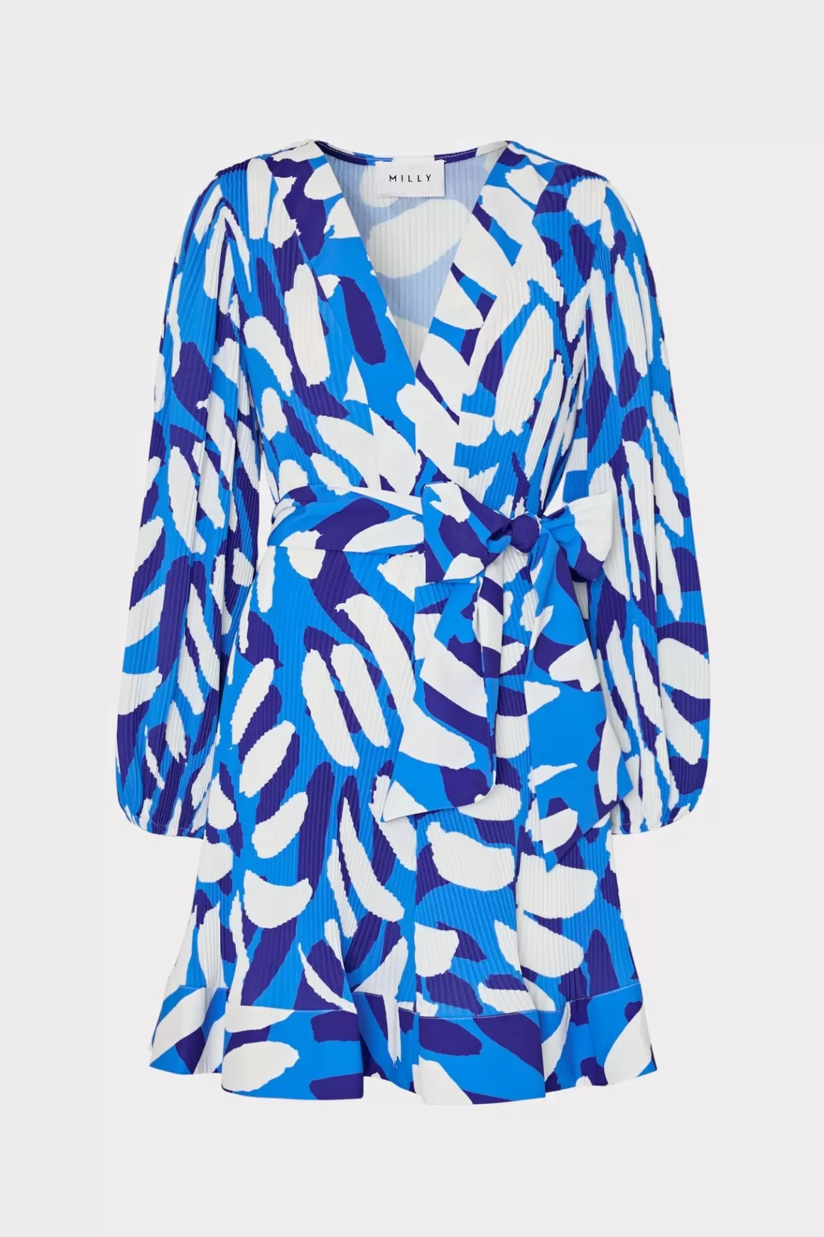 MILLY Day Dresses-Liv Brushstroke Pleated Dress Blue Multi