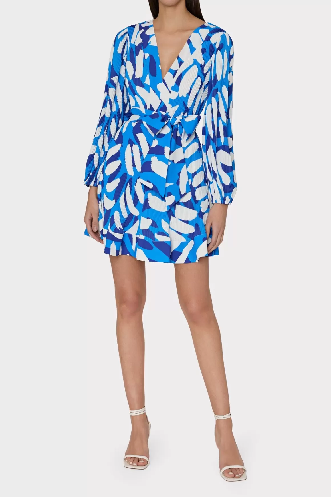 MILLY Day Dresses-Liv Brushstroke Pleated Dress Blue Multi