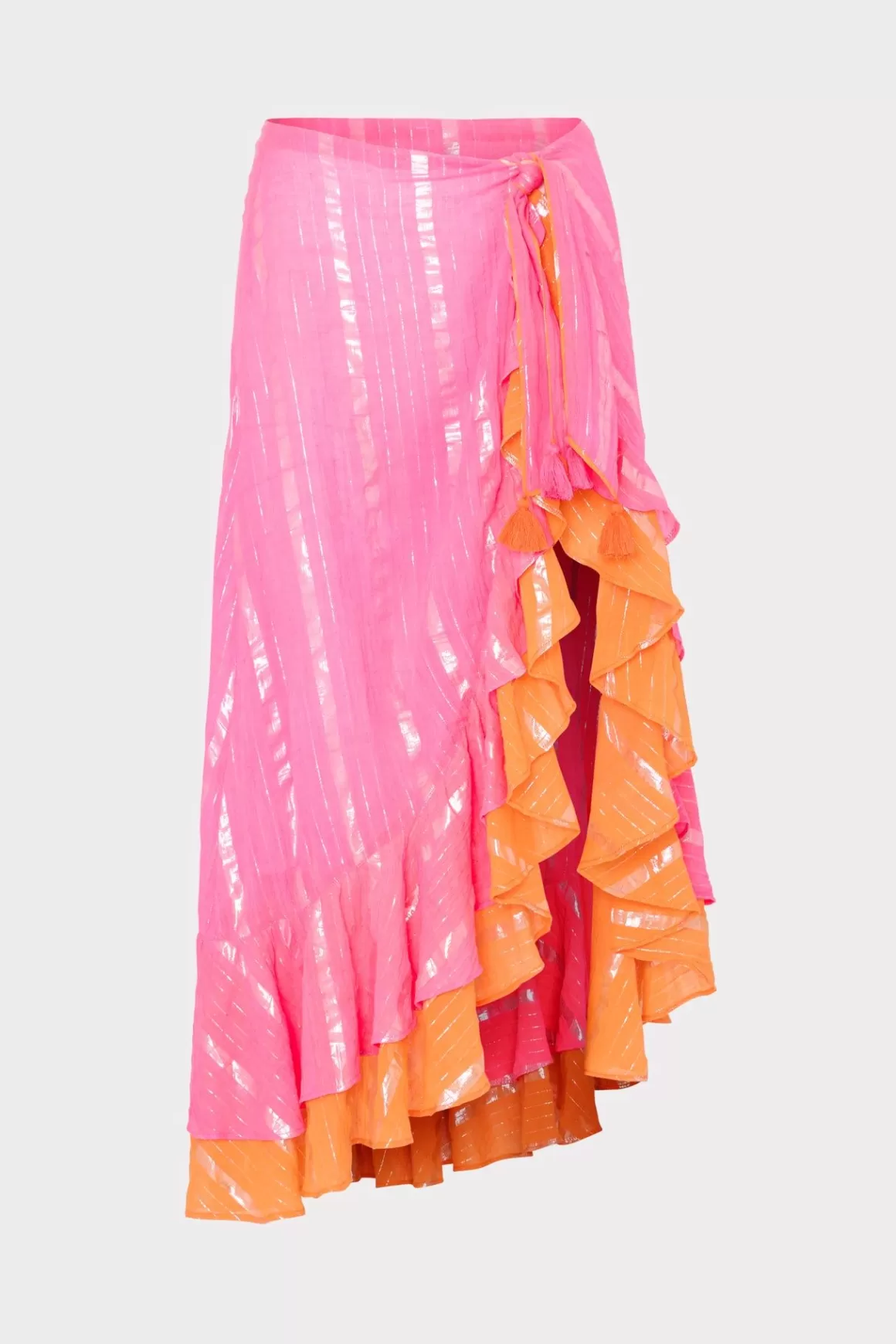 MILLY Cover-Ups-Lurex Stripe Ruffle Wrap Skirt Neon Pink/Orange