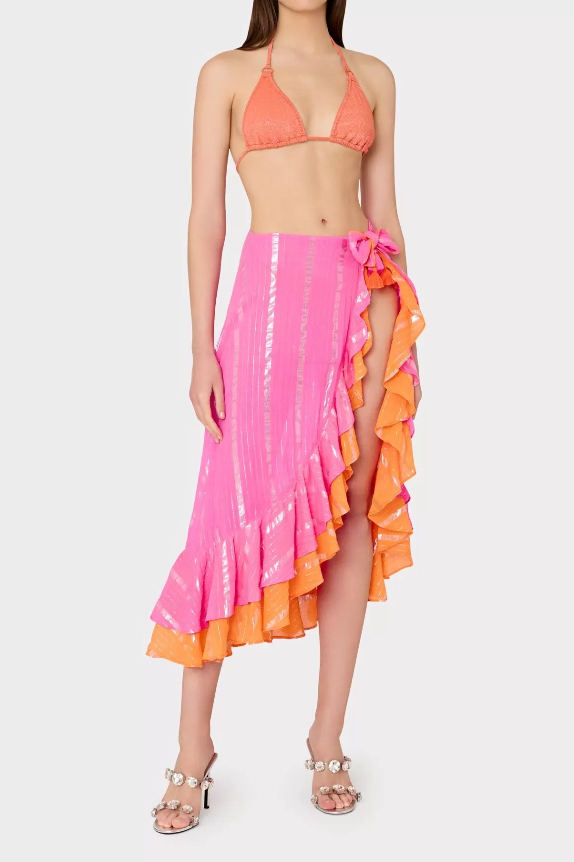 MILLY Cover-Ups-Lurex Stripe Ruffle Wrap Skirt Neon Pink/Orange