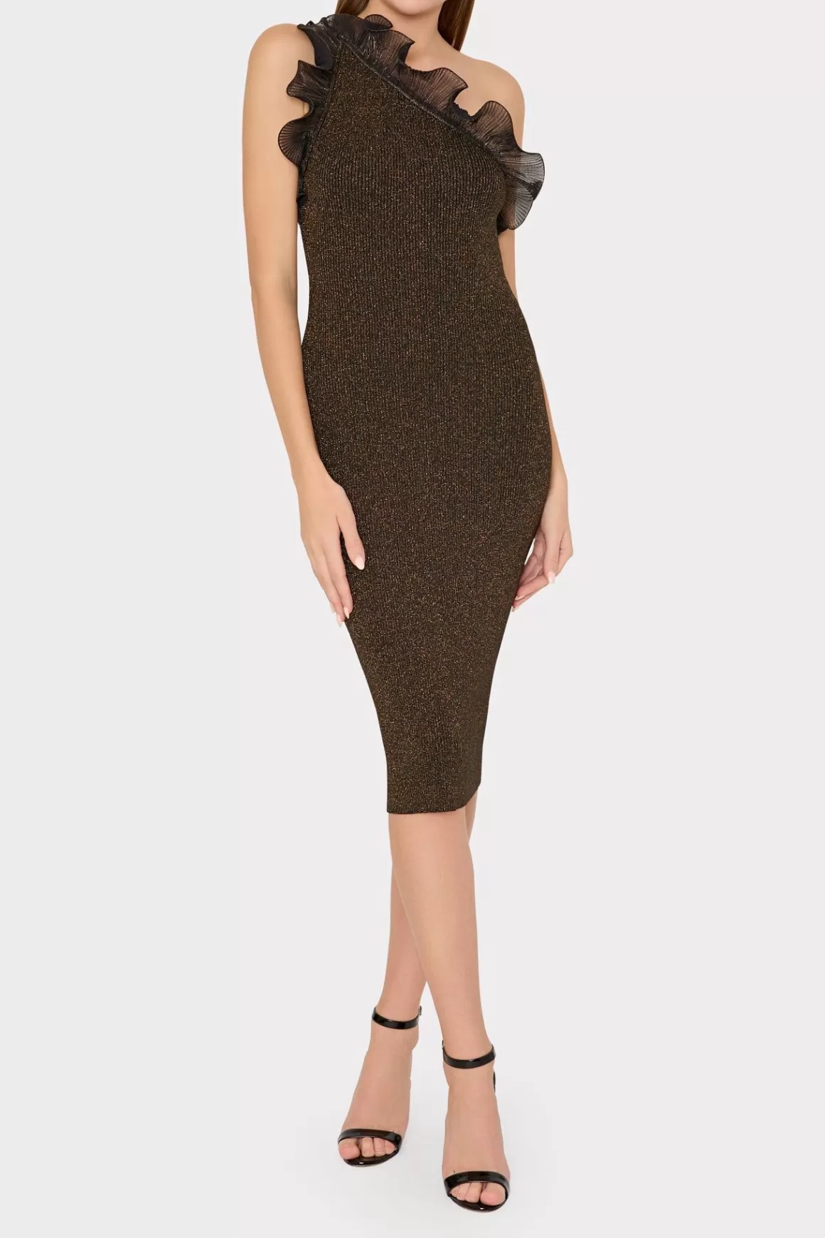 MILLY Knit Dresses-Metallic Scallop Ruffle One Shoulder Dress Gold