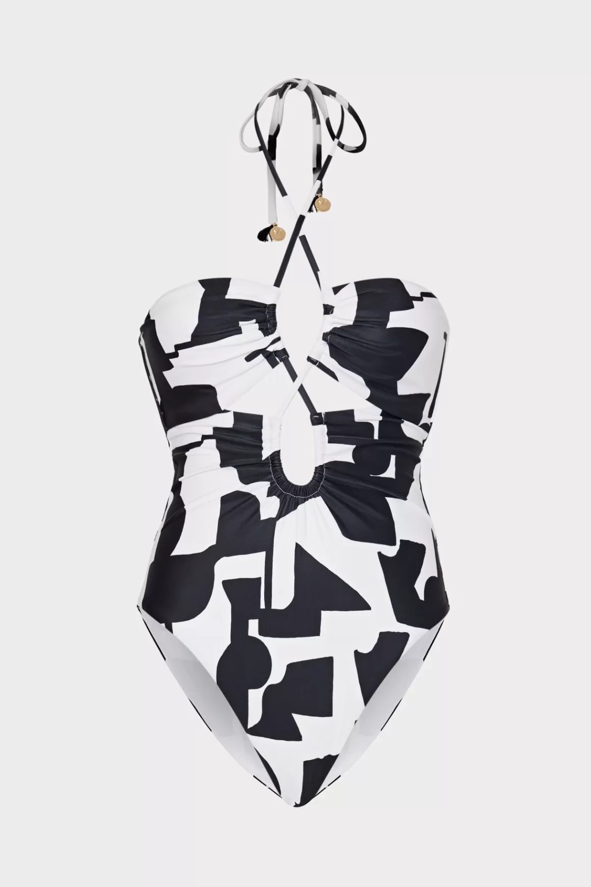 MILLY One Piece Swimsuits-Modern Geo Print Looped Cutout One-Piece Black/Ecru