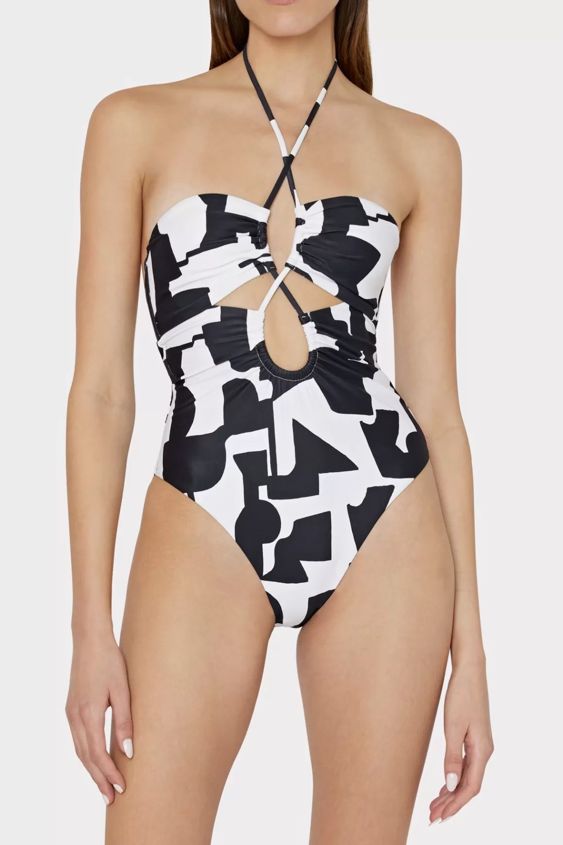 MILLY One Piece Swimsuits-Modern Geo Print Looped Cutout One-Piece Black/Ecru