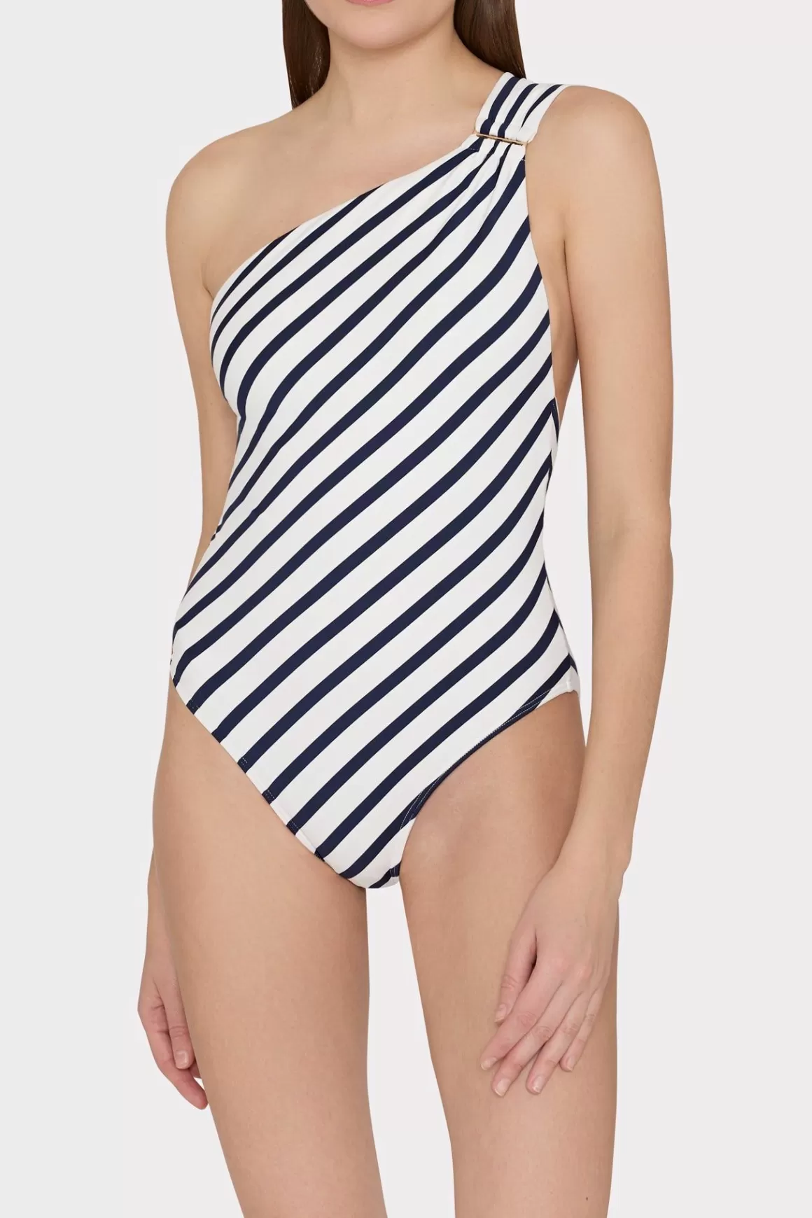 MILLY One Piece Swimsuits-Nautical Stripe One Shoulder One Piece Navy/White