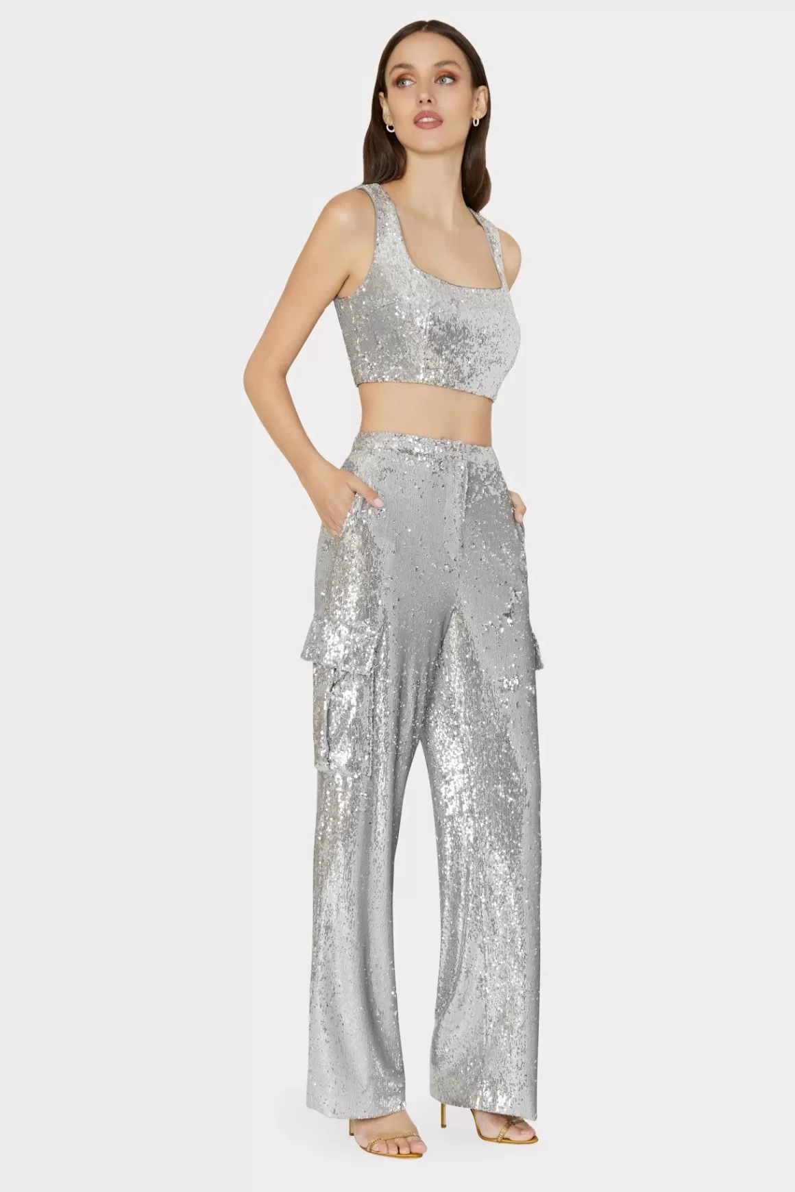 MILLY Tops-Nickie Sequins Crop Top Silver