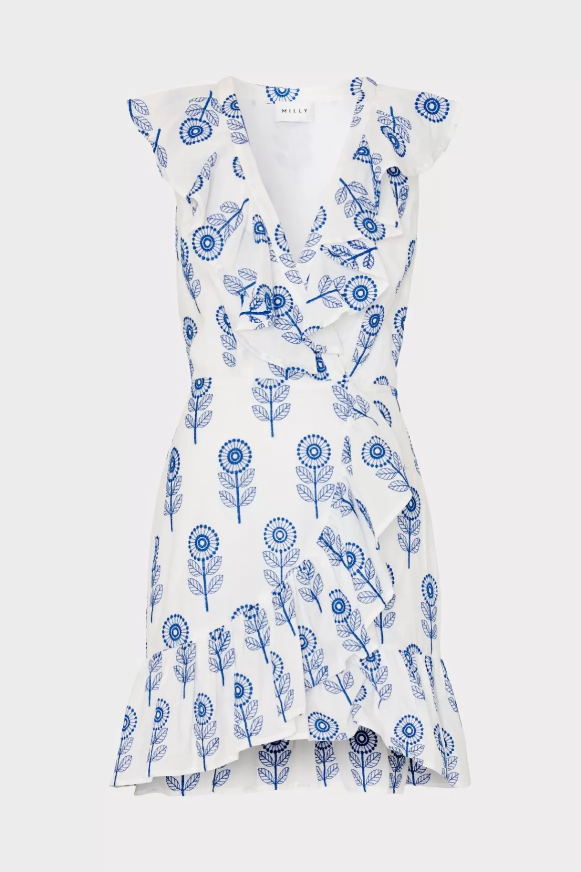 MILLY Sundresses-Novi Poppy Embroidery Wrap Dress White/Blue