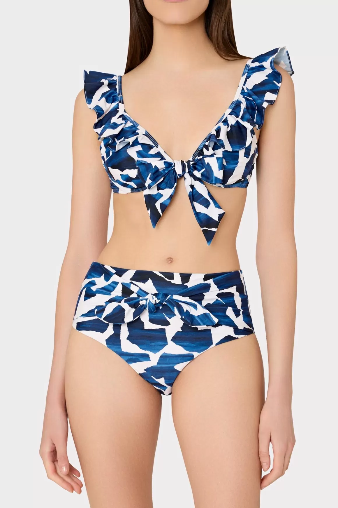 MILLY Jumpsuits & Rompers-Ocean Puzzle Ruffle Bikini Top Navy Multi