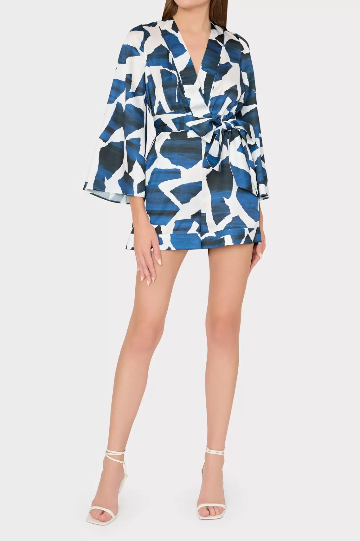 MILLY Cover-Ups-Ocean Puzzle Satin Romper Navy Multi