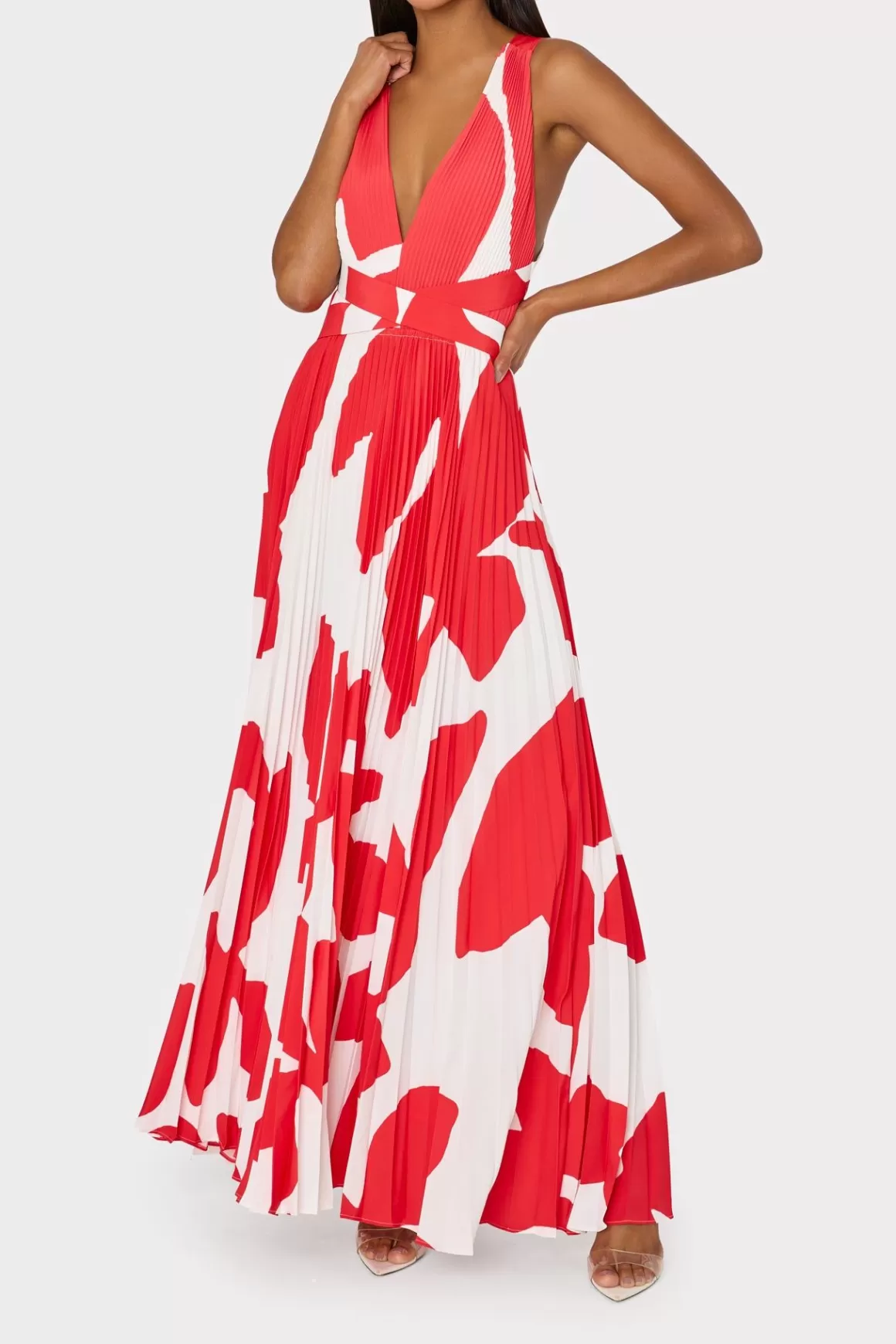 MILLY Maxi Dresses-Oria Grand Foliage Pleated Dress Red/White