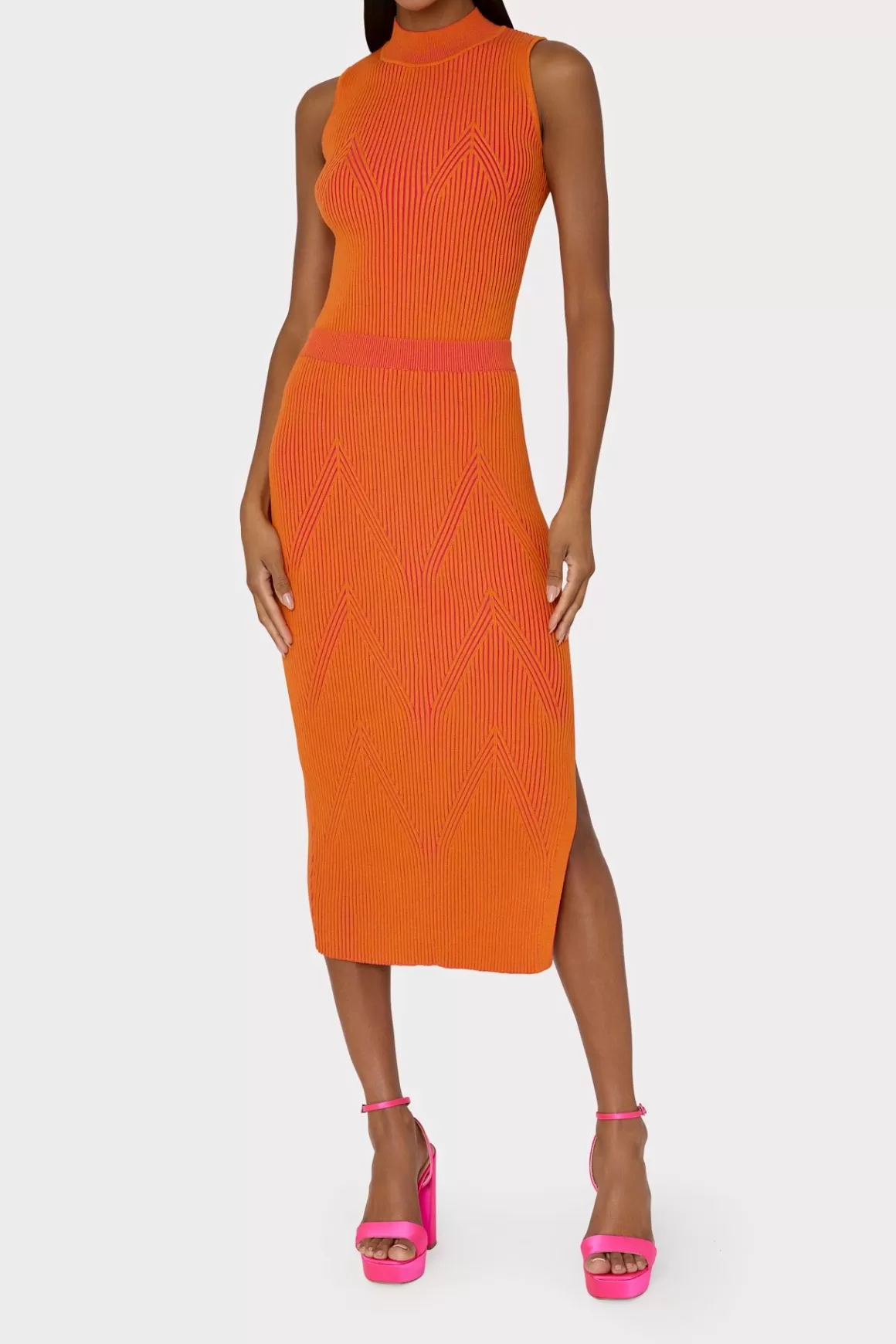 MILLY Jumpsuits & Rompers-Plaited Knit Midi Skirt Pink/Coral