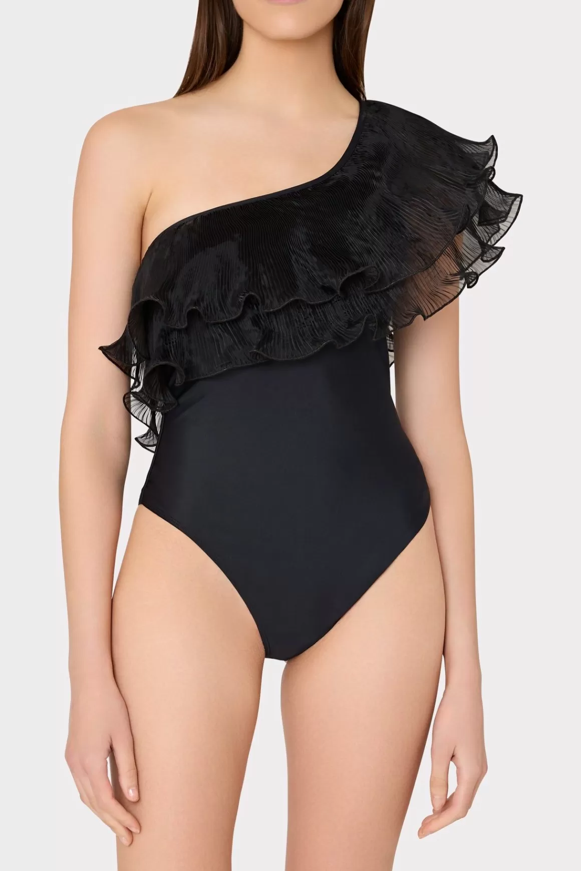 MILLY One Piece Swimsuits-Pleated Organza One Shoulder One Piece Black