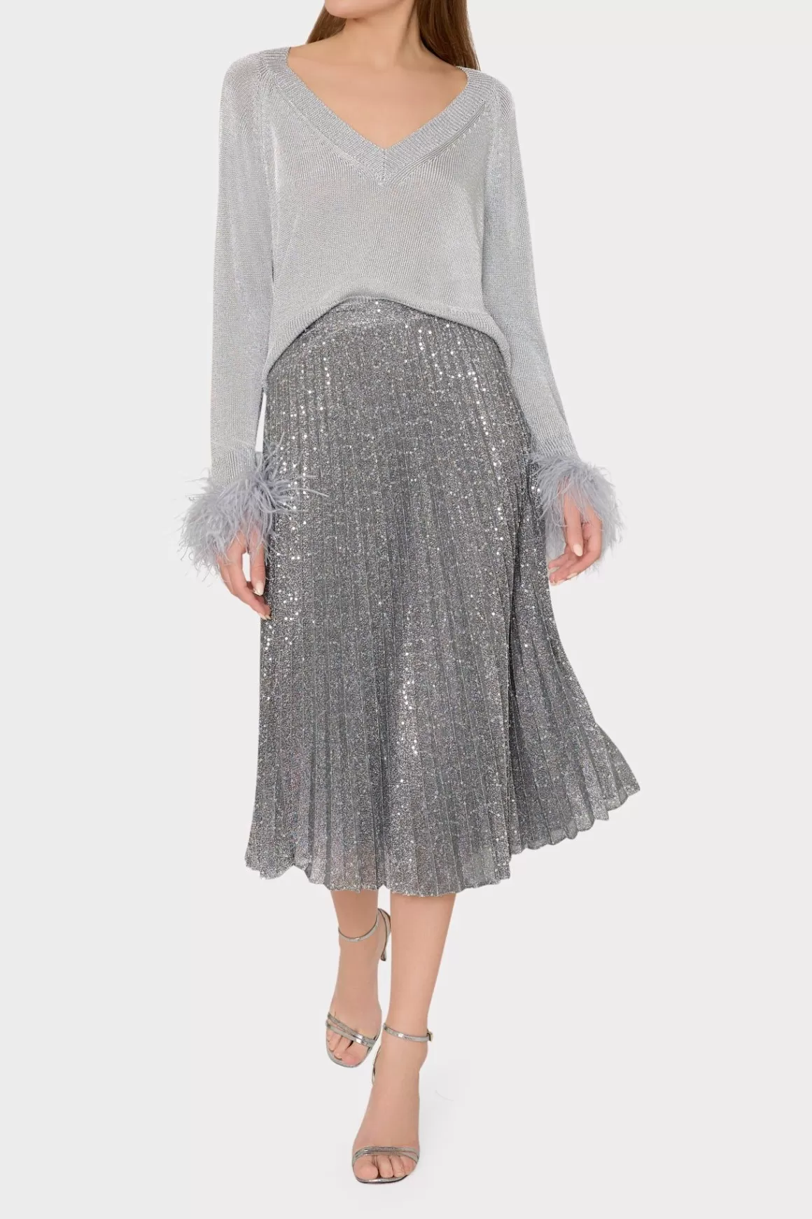 MILLY Skirts-Rayla Pleated Sequins Skirt Silver