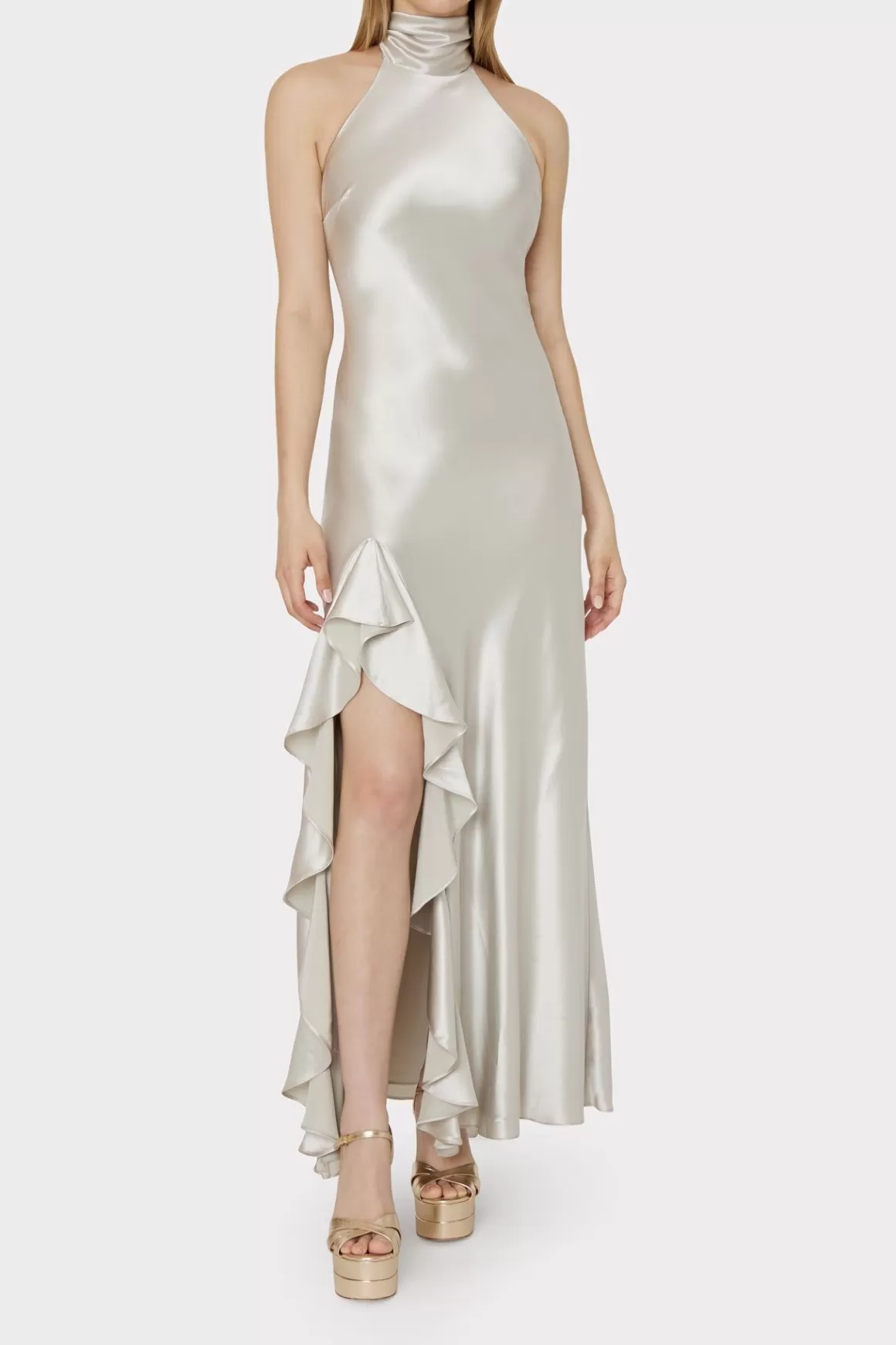 MILLY Maxi Dresses-Roux Hammered Satin Gown Silver