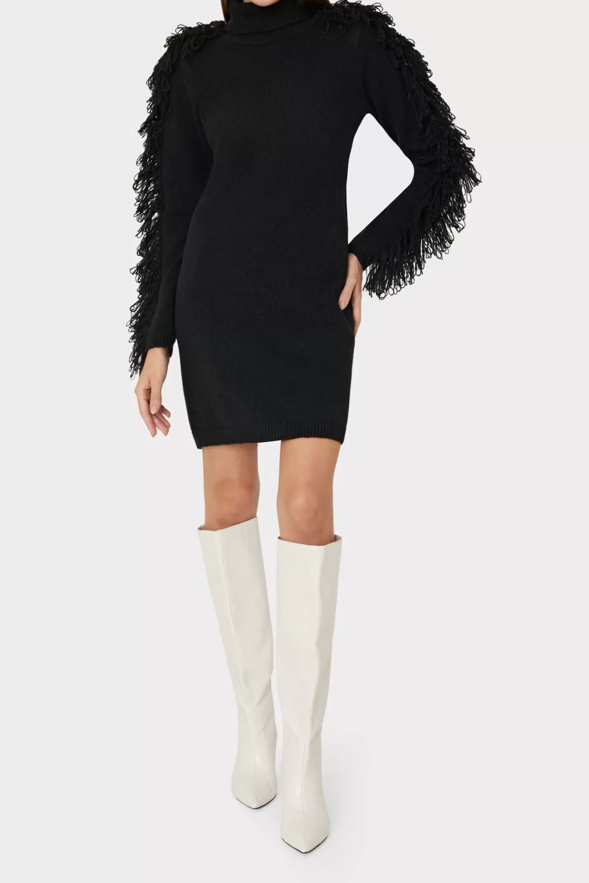 MILLY Sweaters & Knits-Rowe Fringe Sleeve Turtleneck Mini Dress Black