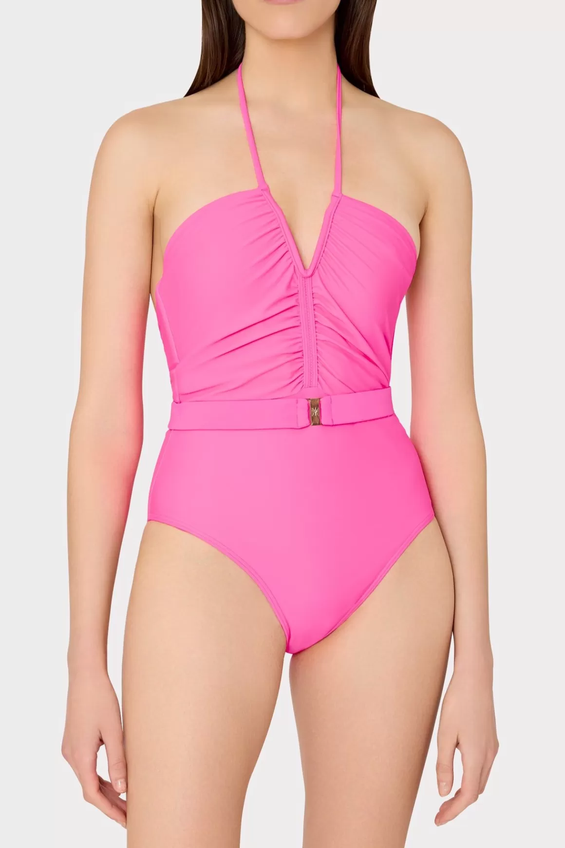 MILLY Jumpsuits & Rompers-Ruched Halter One Piece Neon Pink