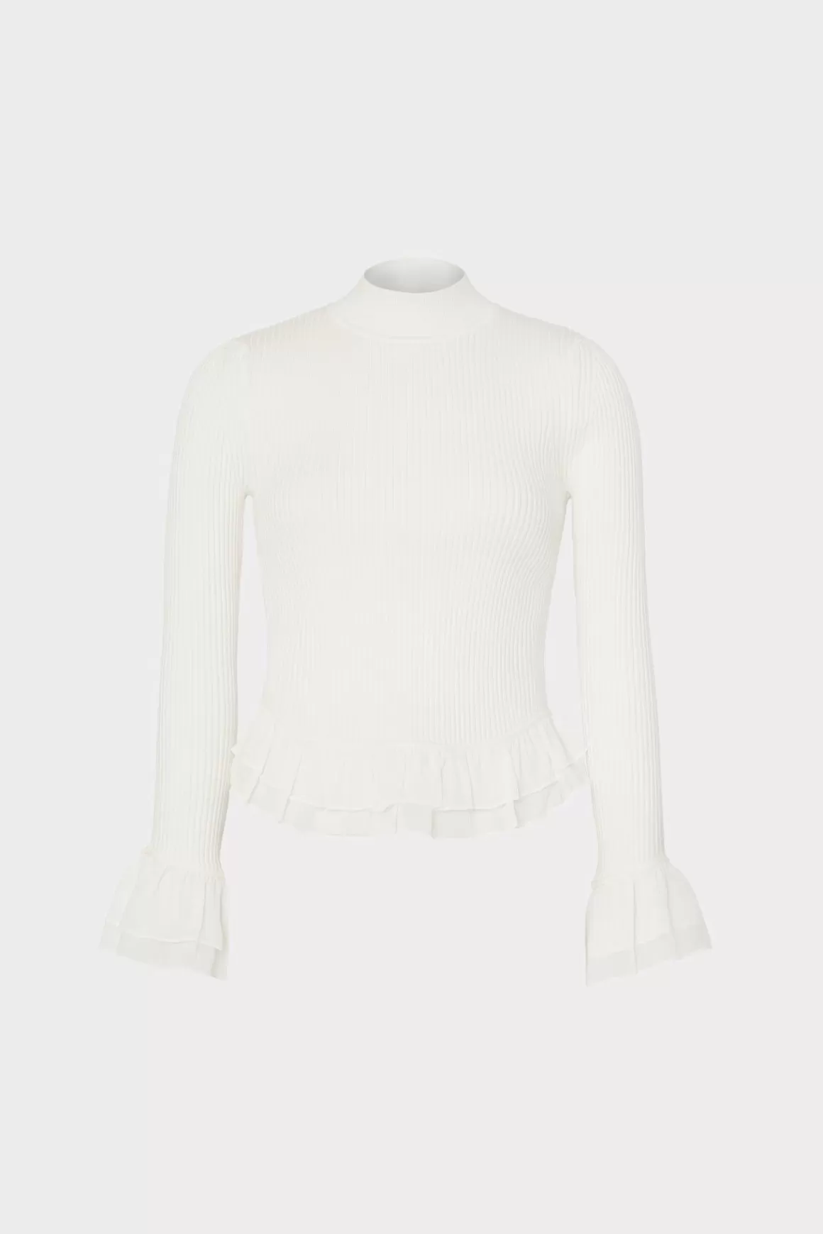 MILLY Tops-Ruffle Knit Mock Neck Ecru