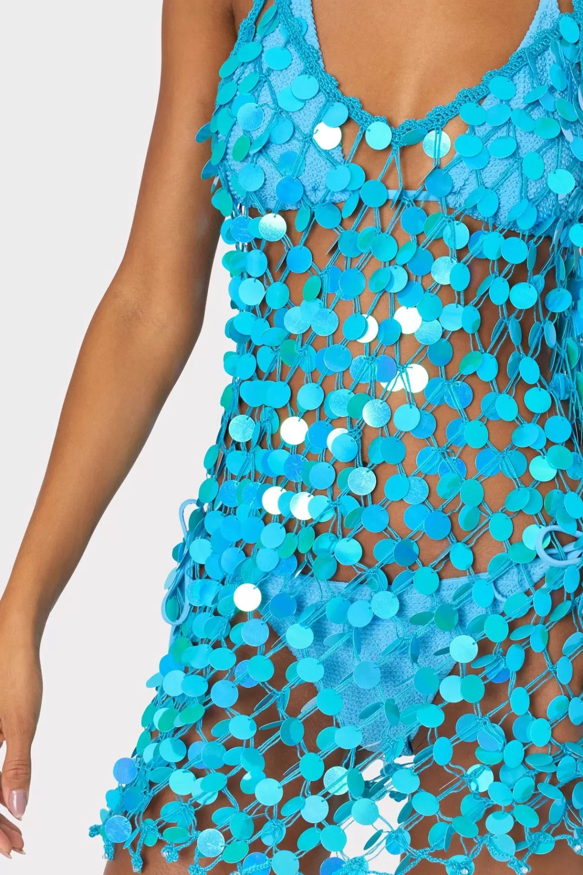 MILLY Jumpsuits & Rompers-Sequin Crochet Mini Sleeveless Dress Blue