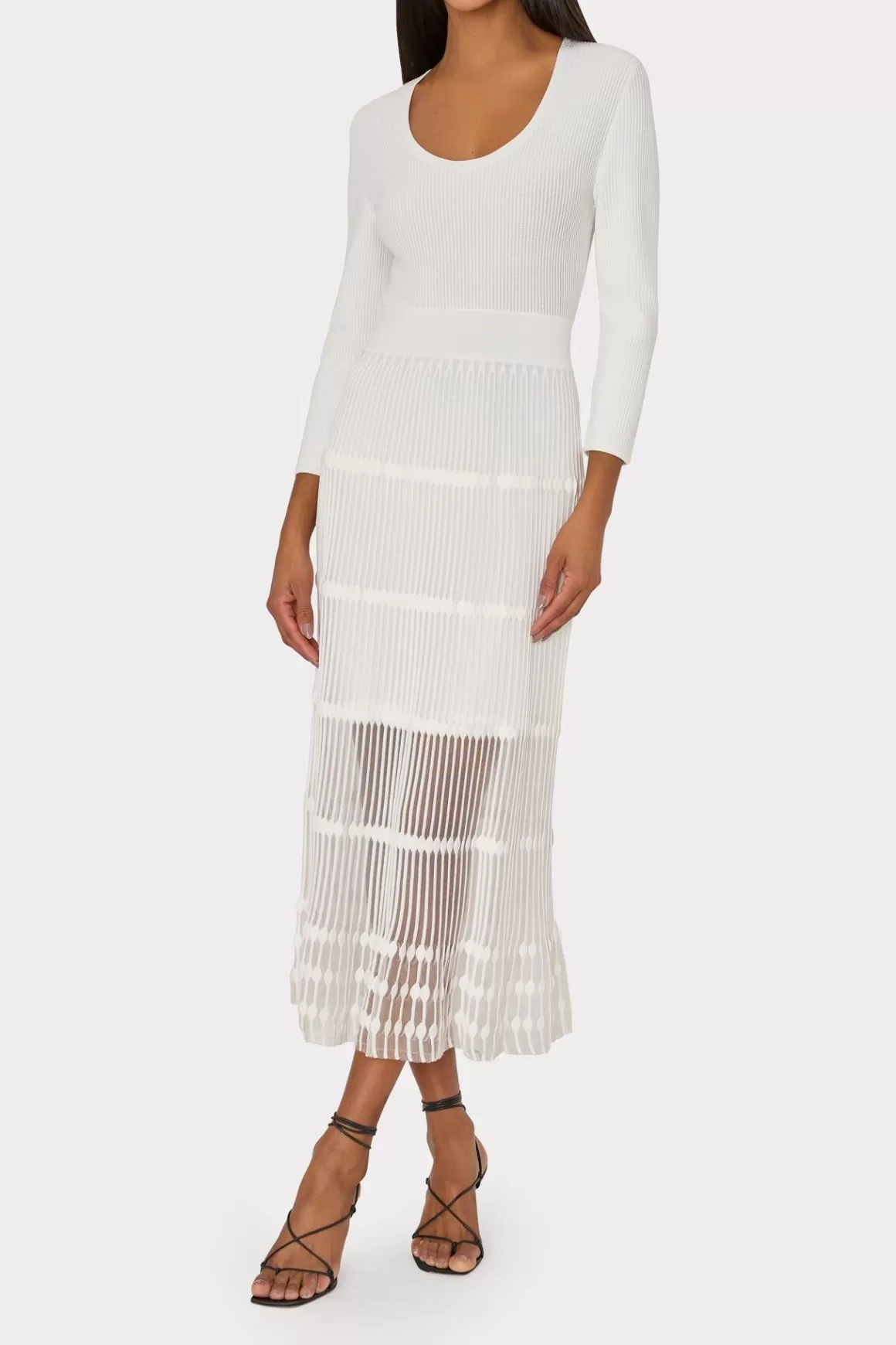 MILLY White Dresses-Sheer Knit Fit And Flare Dress Ecru