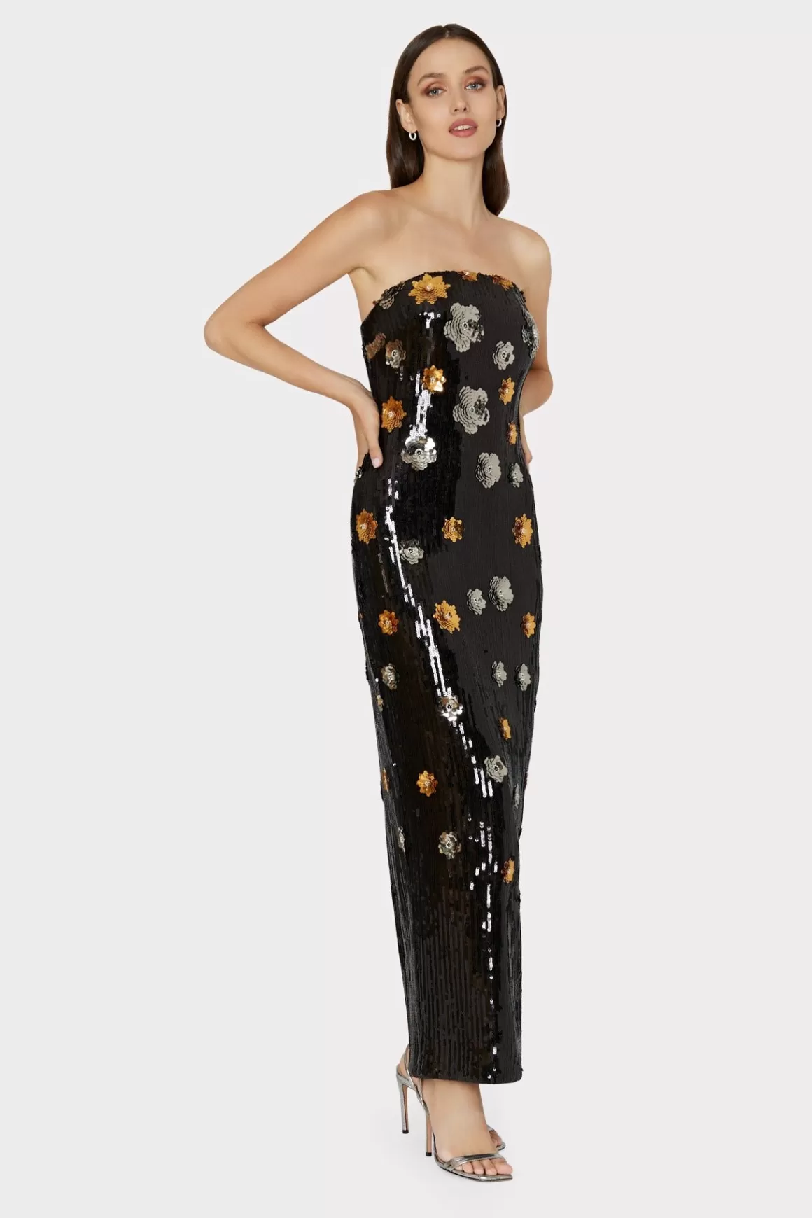 MILLY Maxi Dresses-Shiloh 3D Floral Sequins Dress Black Multi